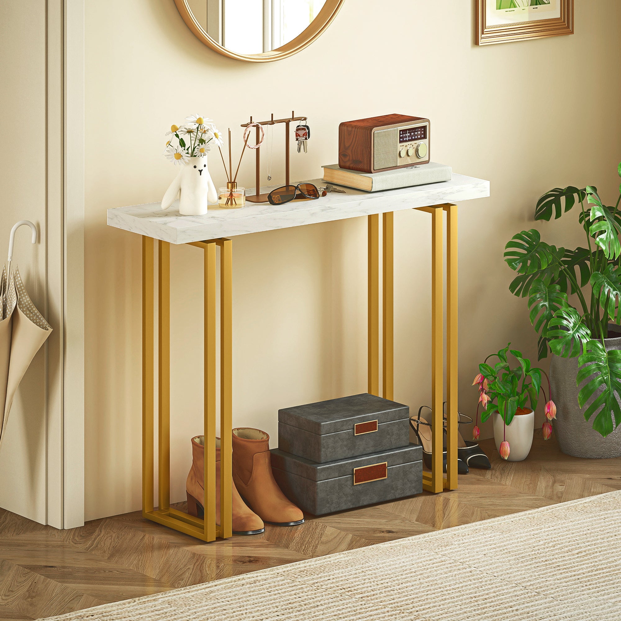 Console Table, Entryway Console with Marble-Effect Top, Steel Frame, Slim Modern Design, Sofa Table for Living Room, 39.4 x 11.8 x 30.9 in, White & Gold