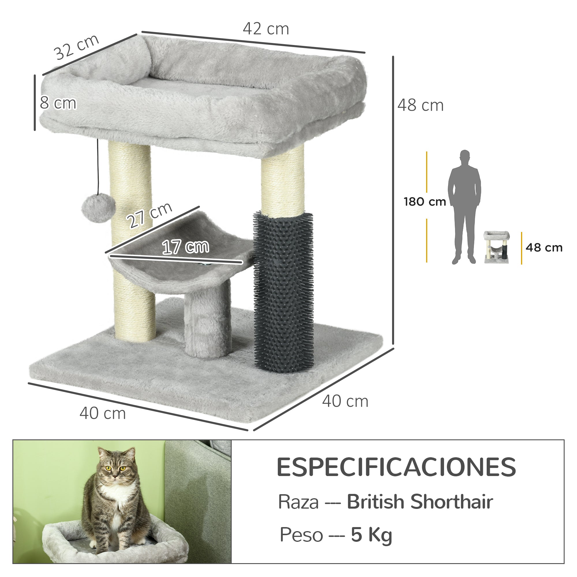 Cat Scratching Tree Cat Tree 48 cm Height with 2 Scratching Posts Platform Bed U-shaped and Hanging Ball Brush Gray