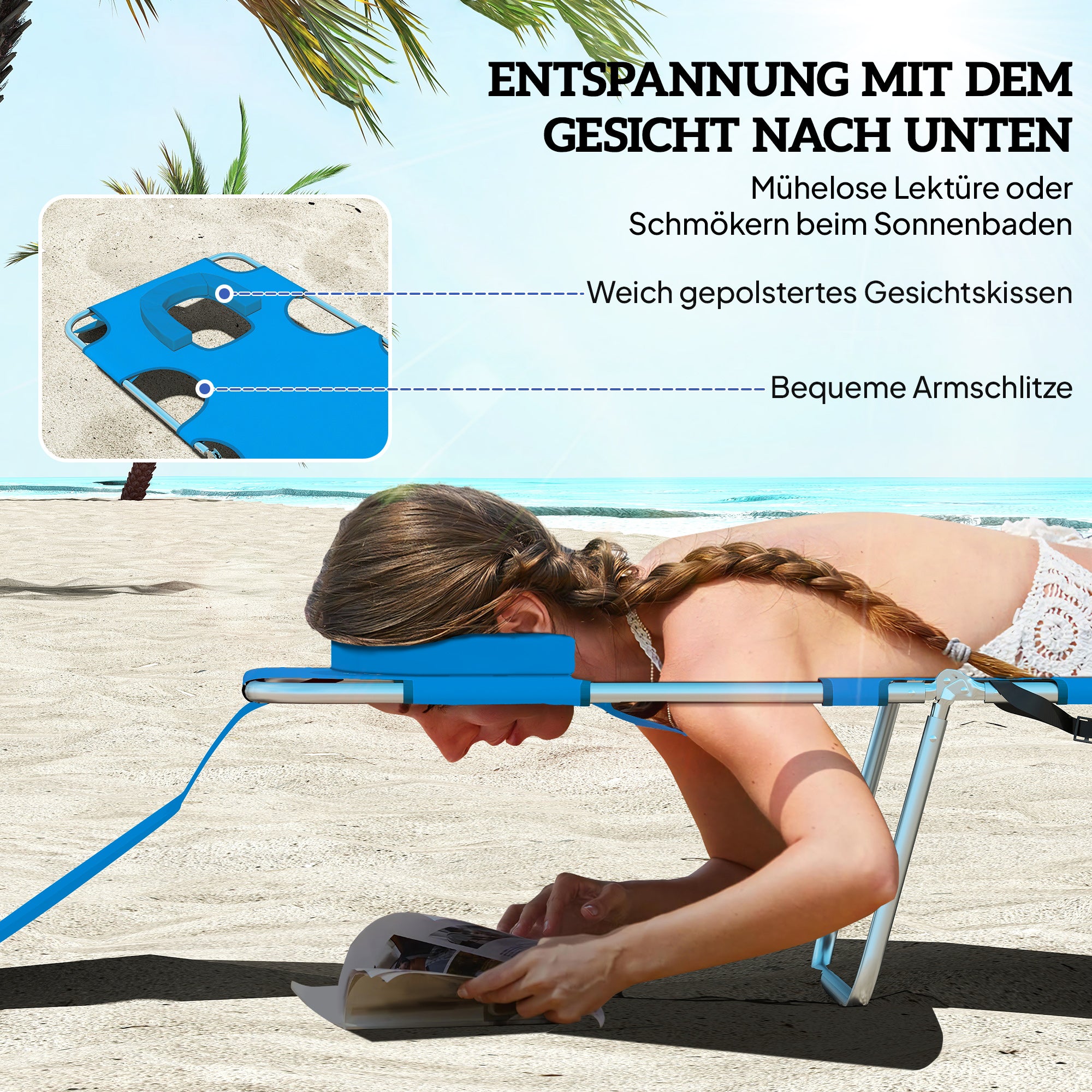 Folding Sun Lounger Garden Lounger with Reading Window, Head Pillow, Reclining Chair with 5-Position Adjustable Backrest, Weatherproof Camping Lounger up to 120 kg Load Capacity, for Garden Beach Pool, Blue