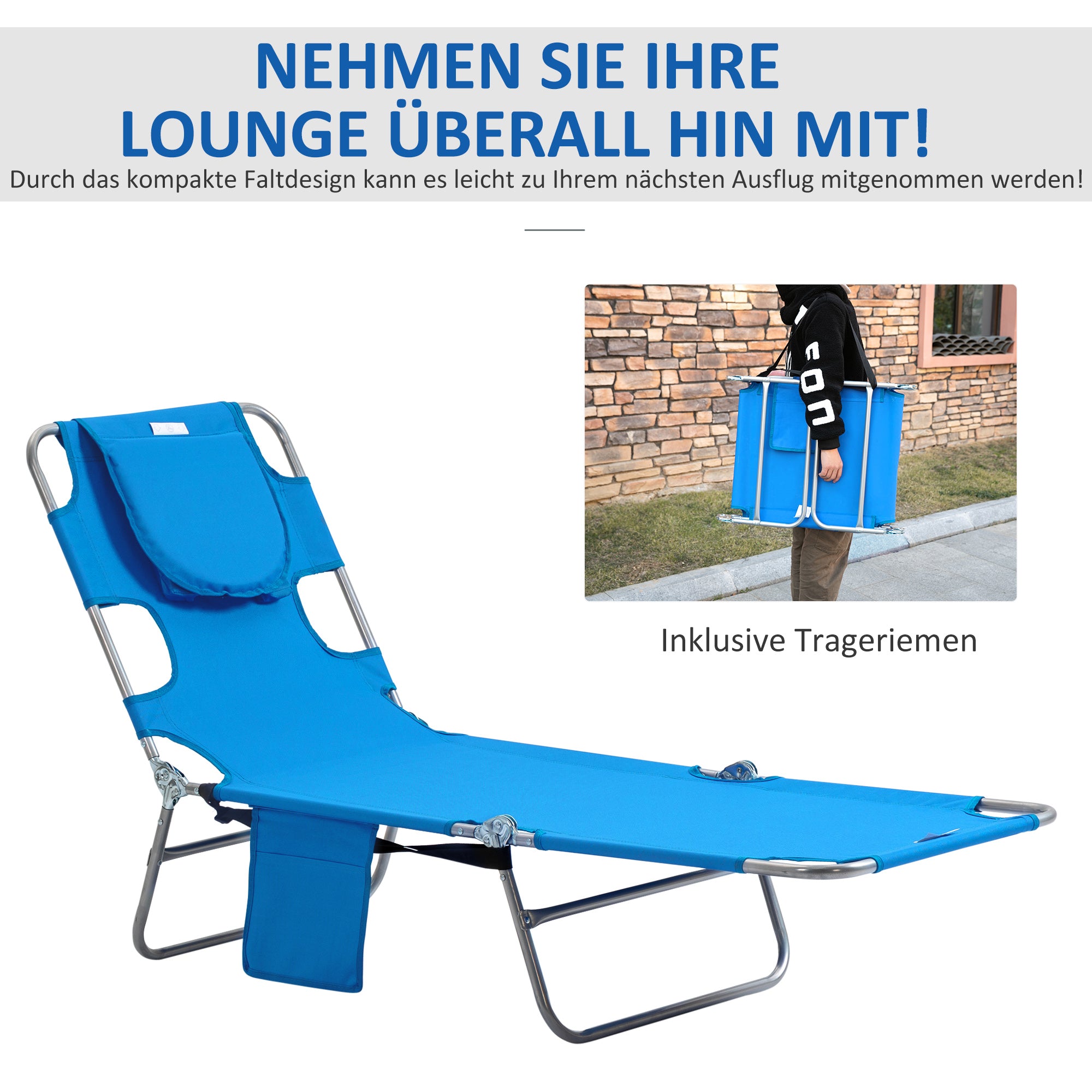 Folding Sun Lounger Garden Lounger with Reading Window, Head Pillow, Reclining Chair with 5-Position Adjustable Backrest, Weatherproof Camping Lounger up to 120 kg Load Capacity, for Garden Beach Pool, Blue