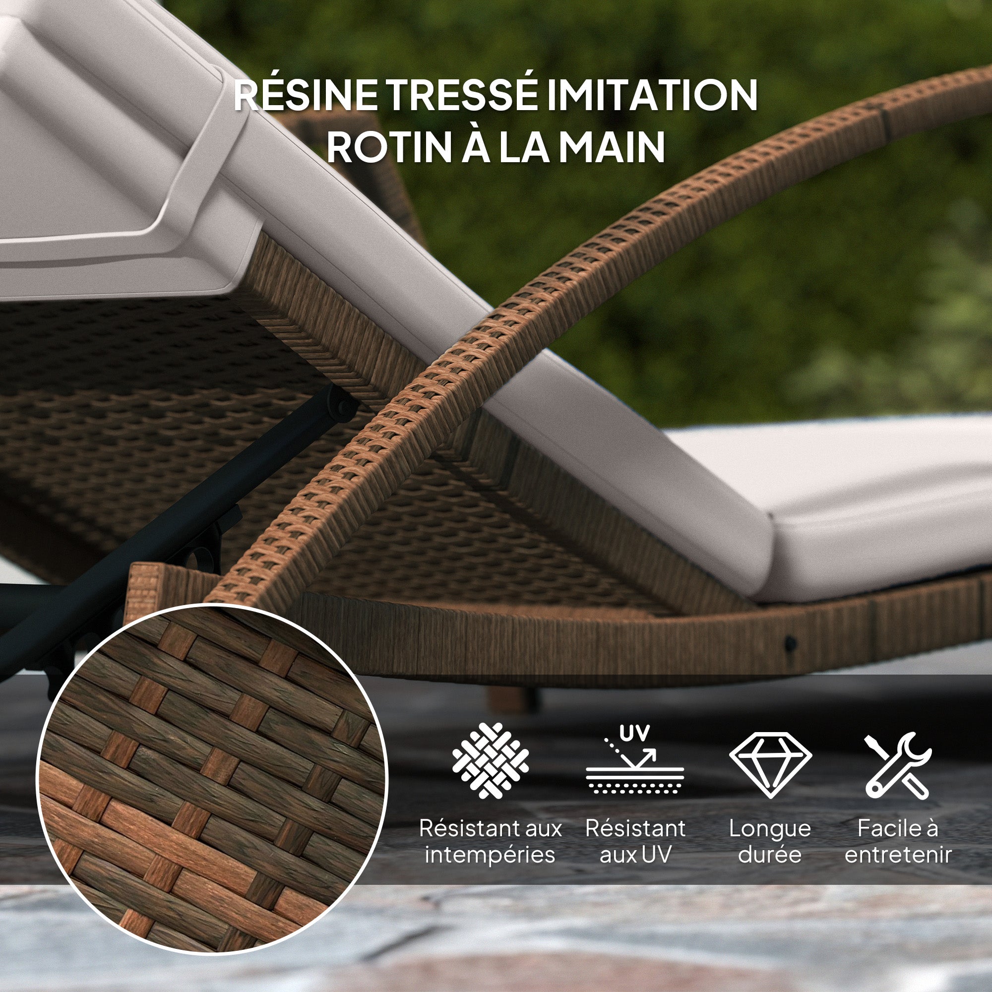 Sun Lounger, wicker resin lounge chair with adjustable backrest, wheels, cushion, and armrests, outdoor garden terrace sunbed, brown and beige