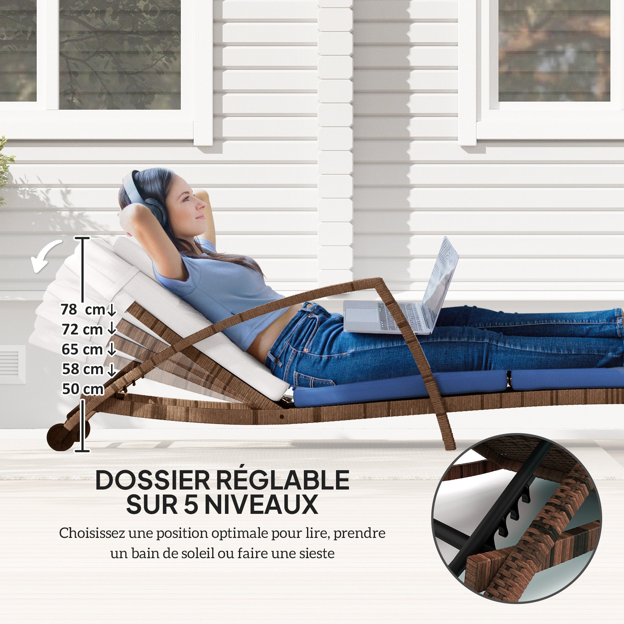 Sun Lounger, wicker resin lounge chair with adjustable backrest, wheels, cushion, and armrests, outdoor garden terrace sunbed, brown and beige