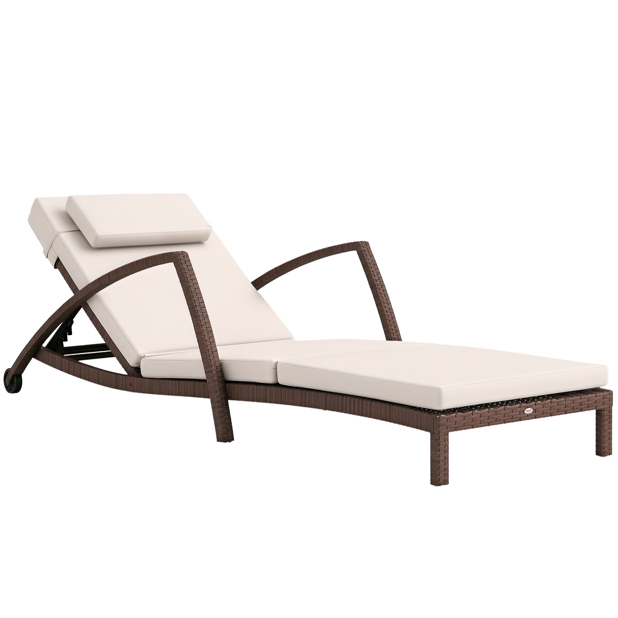 Sun Lounger, wicker resin lounge chair with adjustable backrest, wheels, cushion, and armrests, outdoor garden terrace sunbed, brown and beige