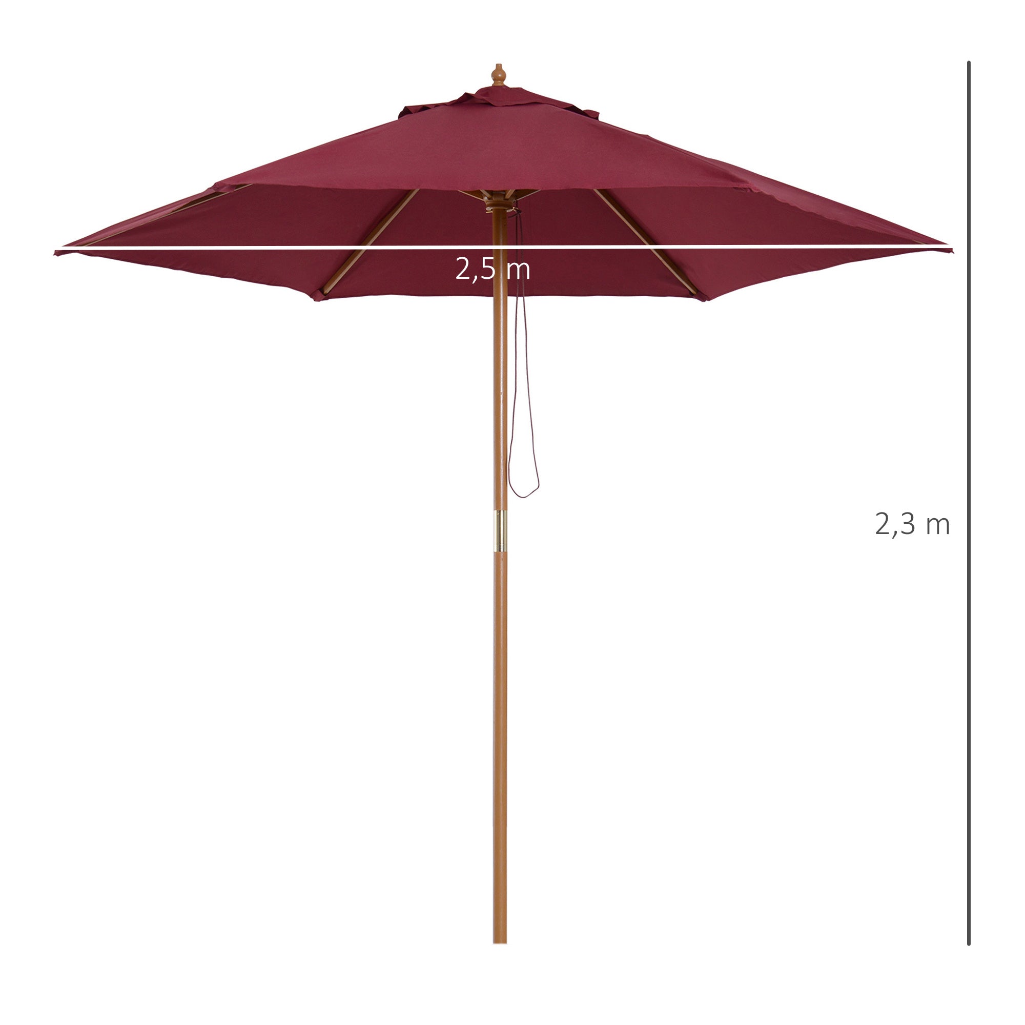 Garden Umbrella Ø250x230 cm Terrace Parasol with 6 Bamboo Ribs Detachable Post Anti-UV Waterproof and Wooden Frame for Beach Patio Burgundy Red