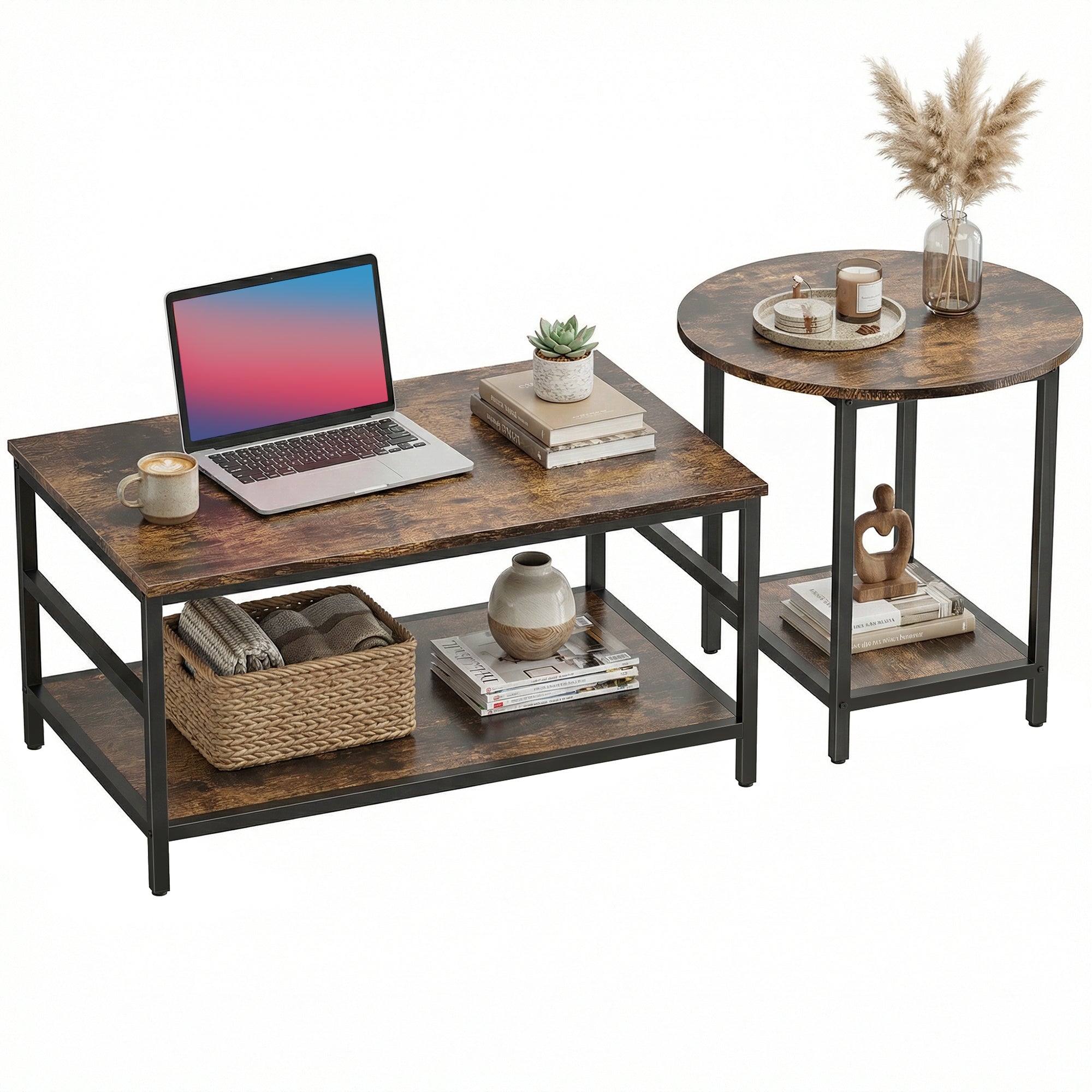 2-Piece Coffee & Side Table Set with Shelves, Modern Rustic Brown Living Room Tables with Black Steel Frame