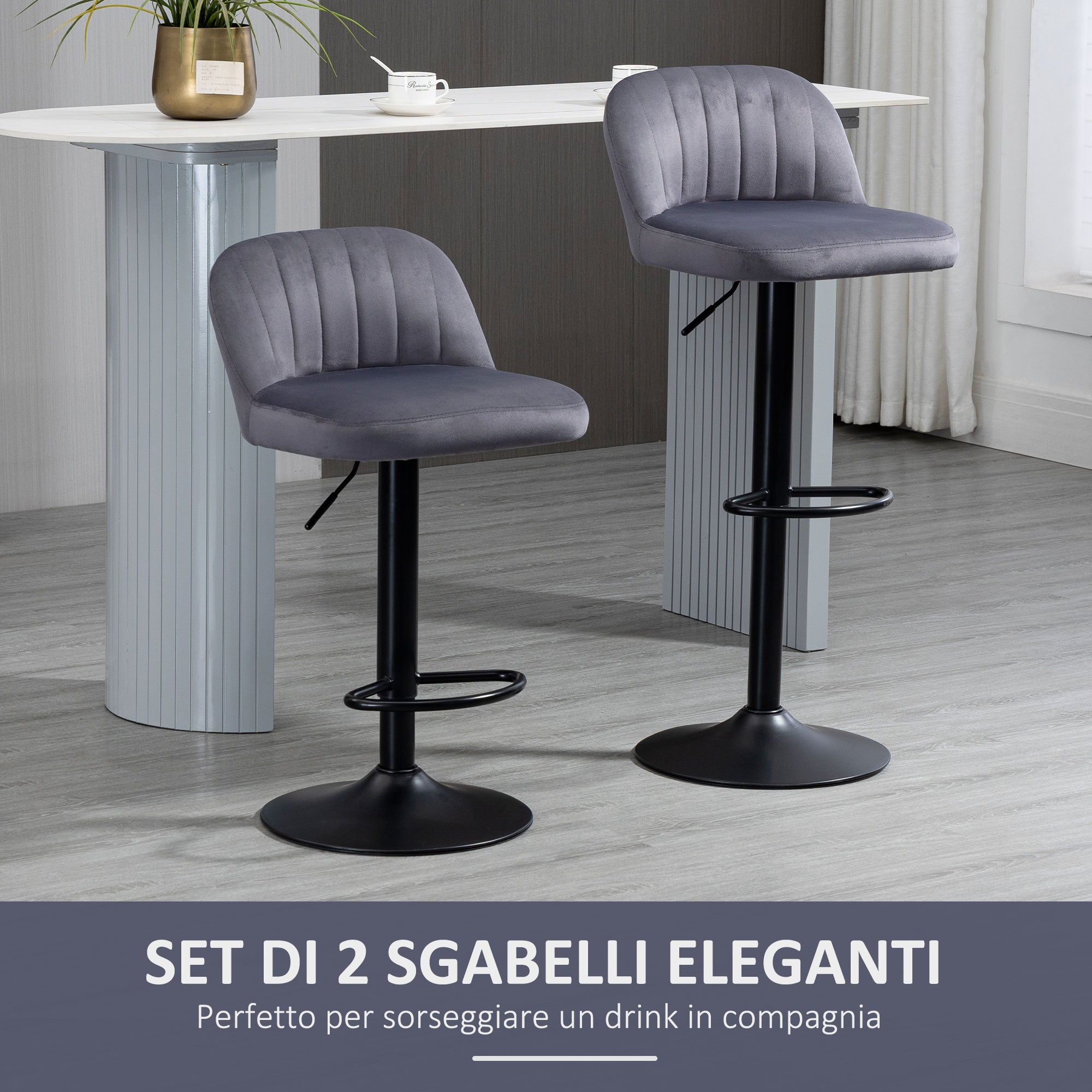 Set of 2 Velvet Bar Stools with Backrest and Footrest, Swivel Kitchen Stools with Adjustable Height, 43x45x81-101cm, Gray