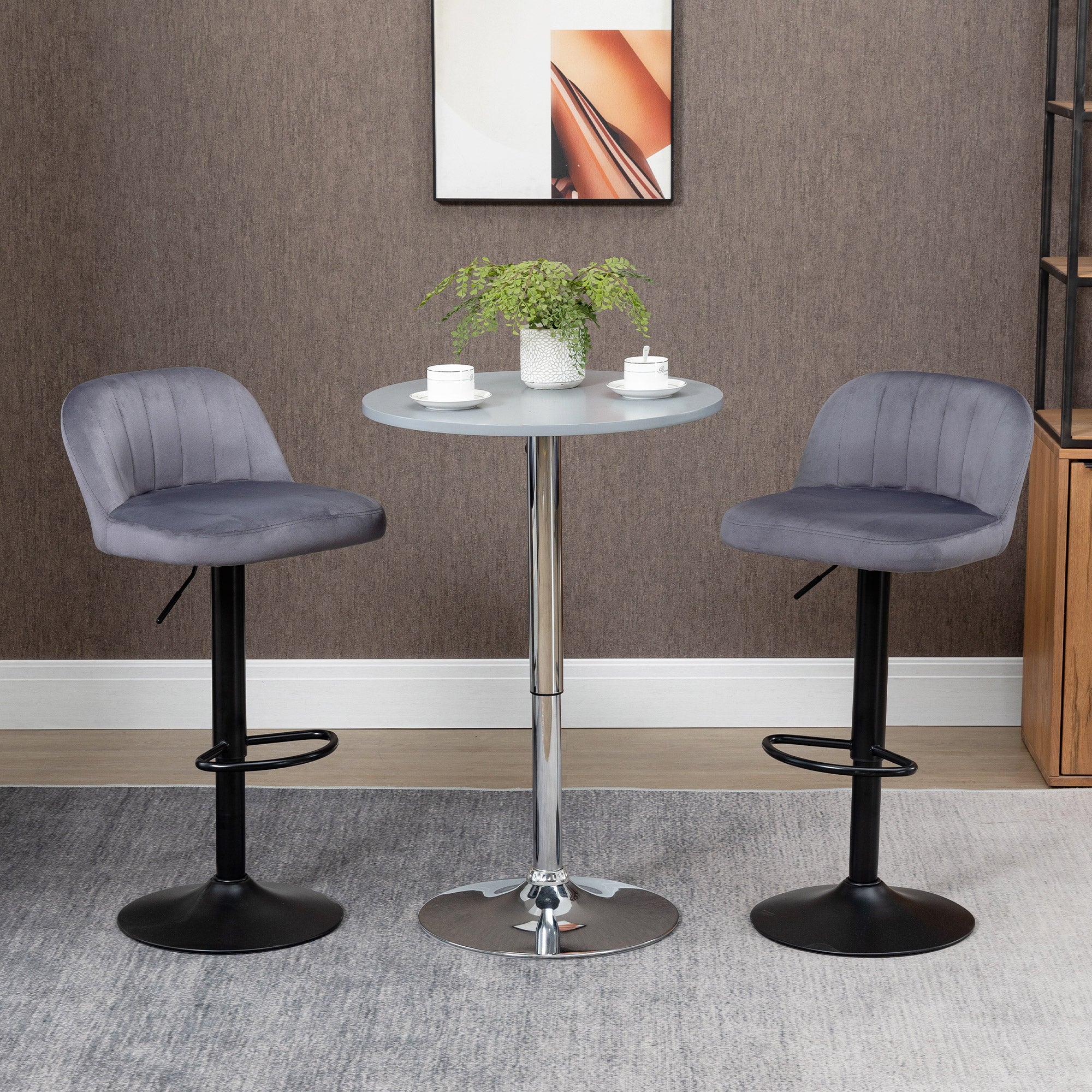Set of 2 Velvet Bar Stools with Backrest and Footrest, Swivel Kitchen Stools with Adjustable Height, 43x45x81-101cm, Gray