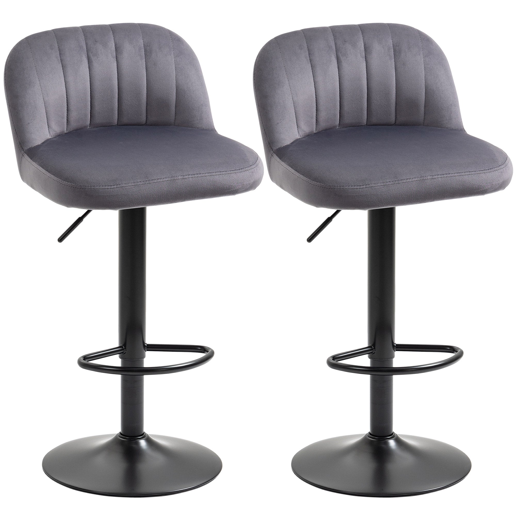 Set of 2 Velvet Bar Stools with Backrest and Footrest, Swivel Kitchen Stools with Adjustable Height, 43x45x81-101cm, Gray