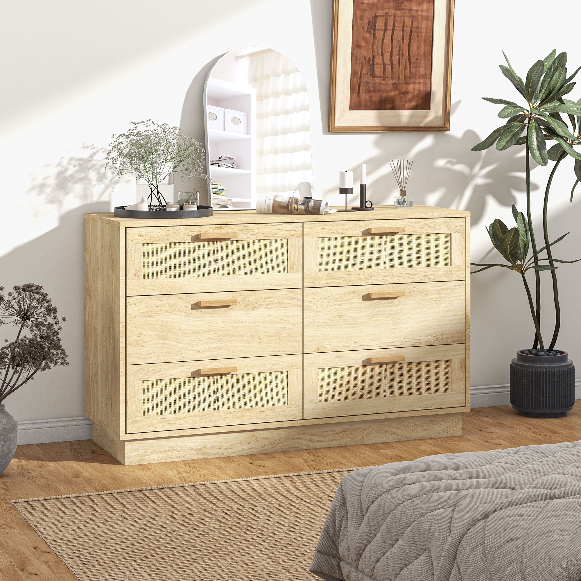 Nightstand with Rattan Grid Drawers Bohemian Style Bedroom Dresser Anti-Tip for Living Room 110x40x69 cm Natural
