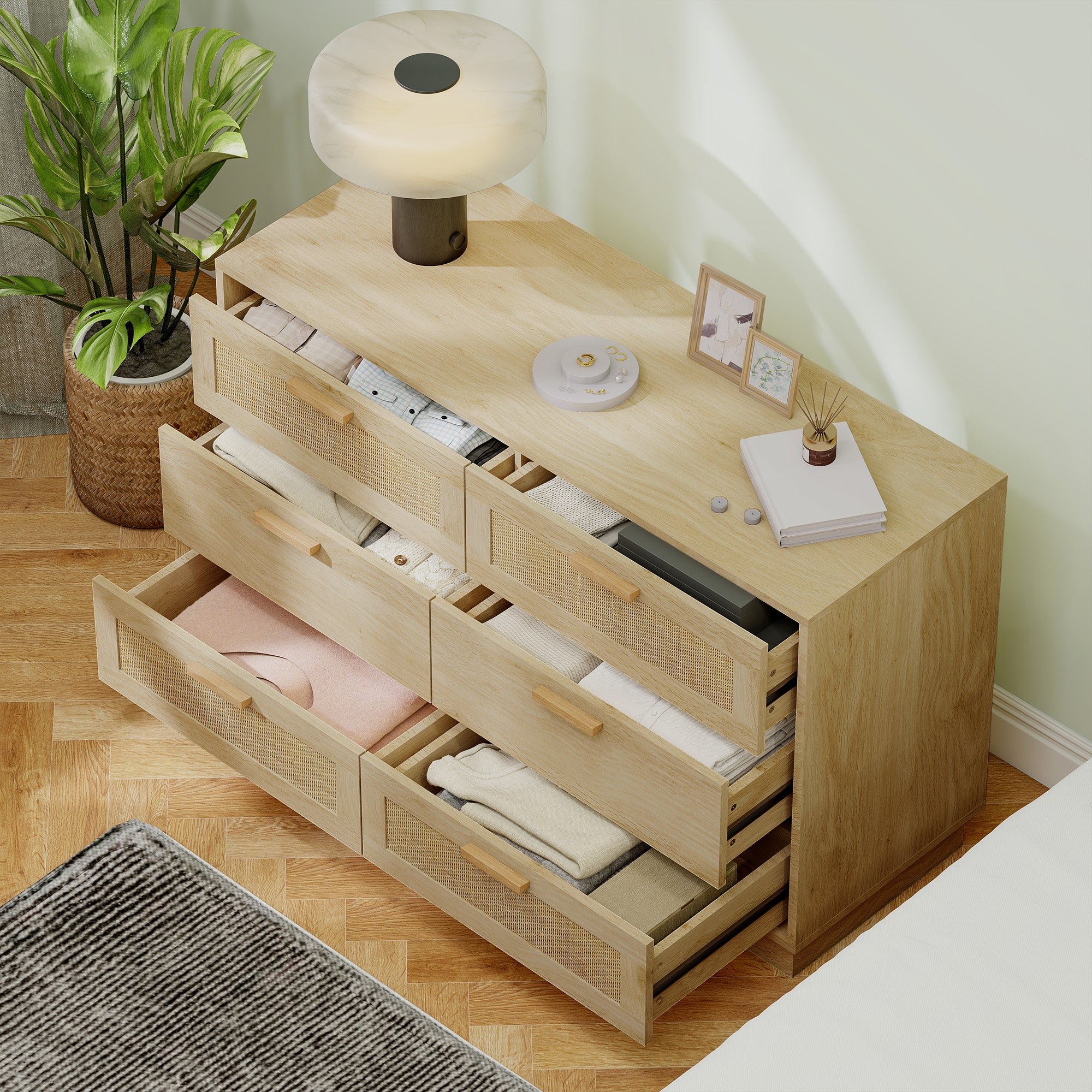 Nightstand with Rattan Grid Drawers Bohemian Style Bedroom Dresser Anti-Tip for Living Room 110x40x69 cm Natural