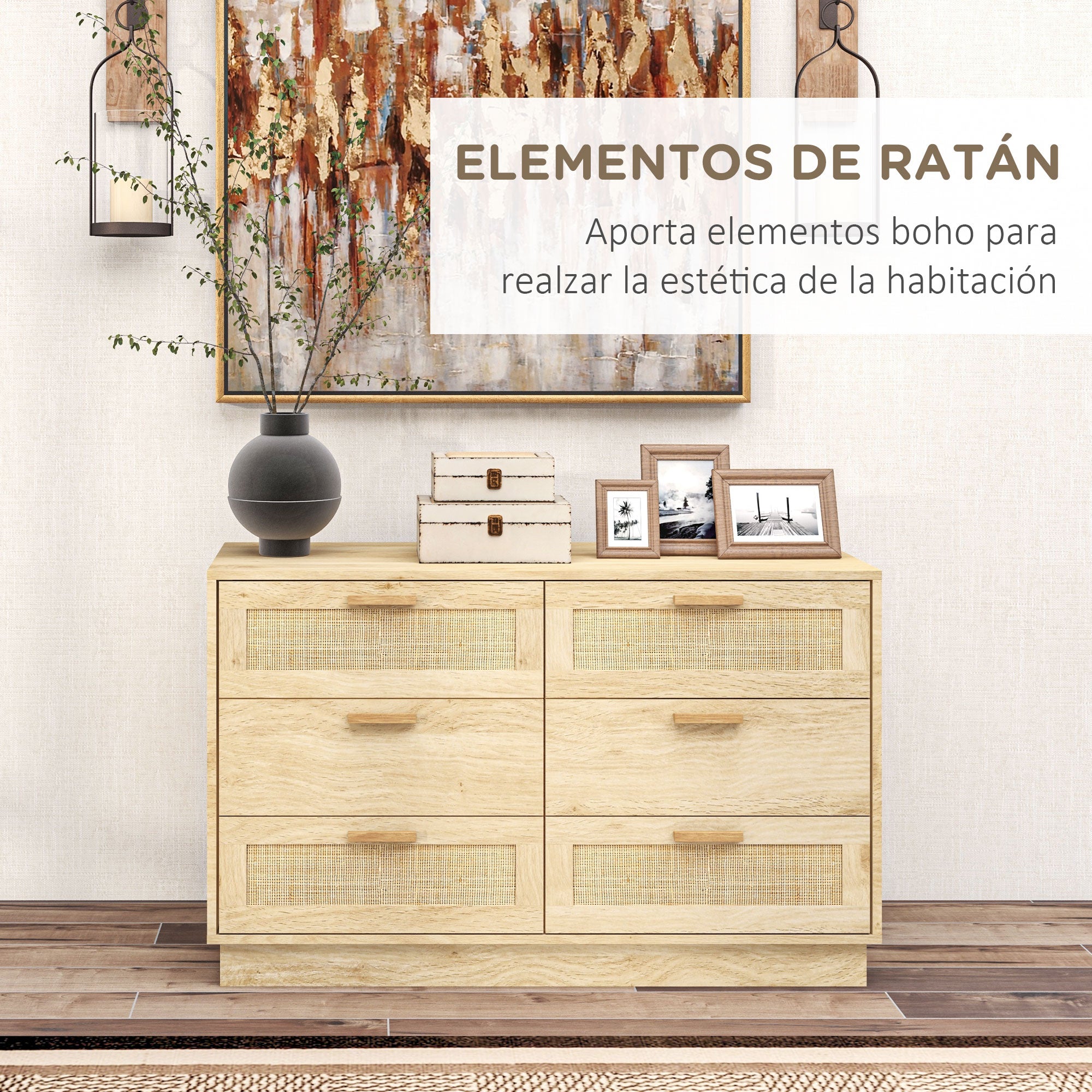 Nightstand with Rattan Grid Drawers Bohemian Style Bedroom Dresser Anti-Tip for Living Room 110x40x69 cm Natural