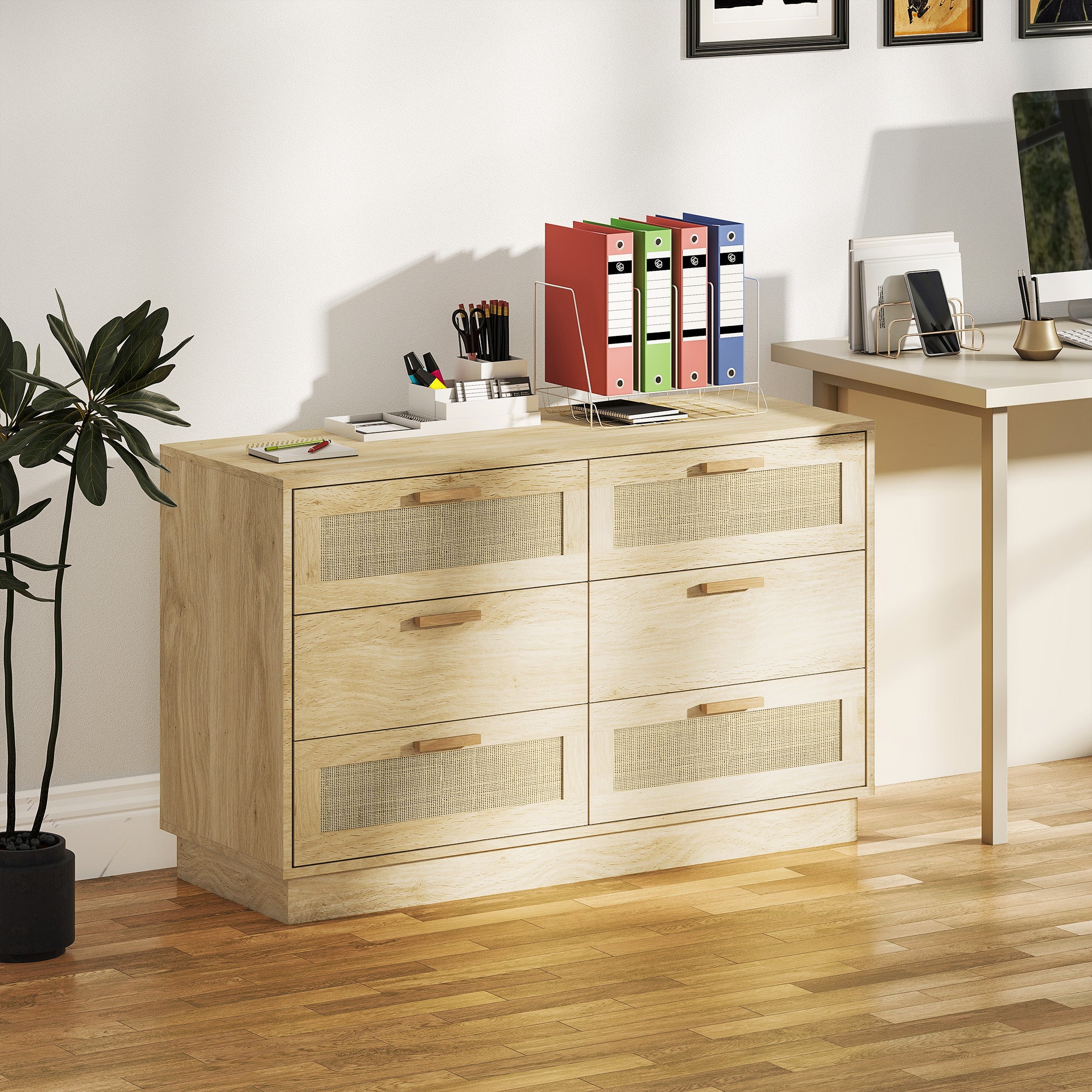 Nightstand with Rattan Grid Drawers Bohemian Style Bedroom Dresser Anti-Tip for Living Room 110x40x69 cm Natural