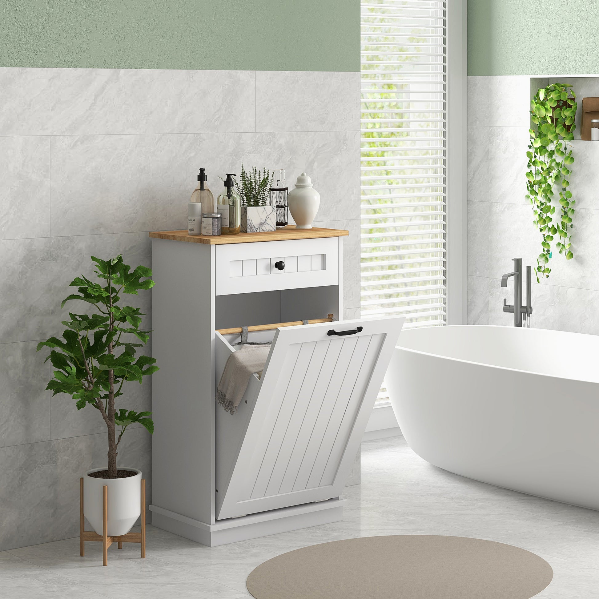 Bathroom Storage Cabinet Laundry Basket Bathroom Cabinet with Drawer and Anti-tip Design Modern Bathroom Furniture 52x33x90 cm White