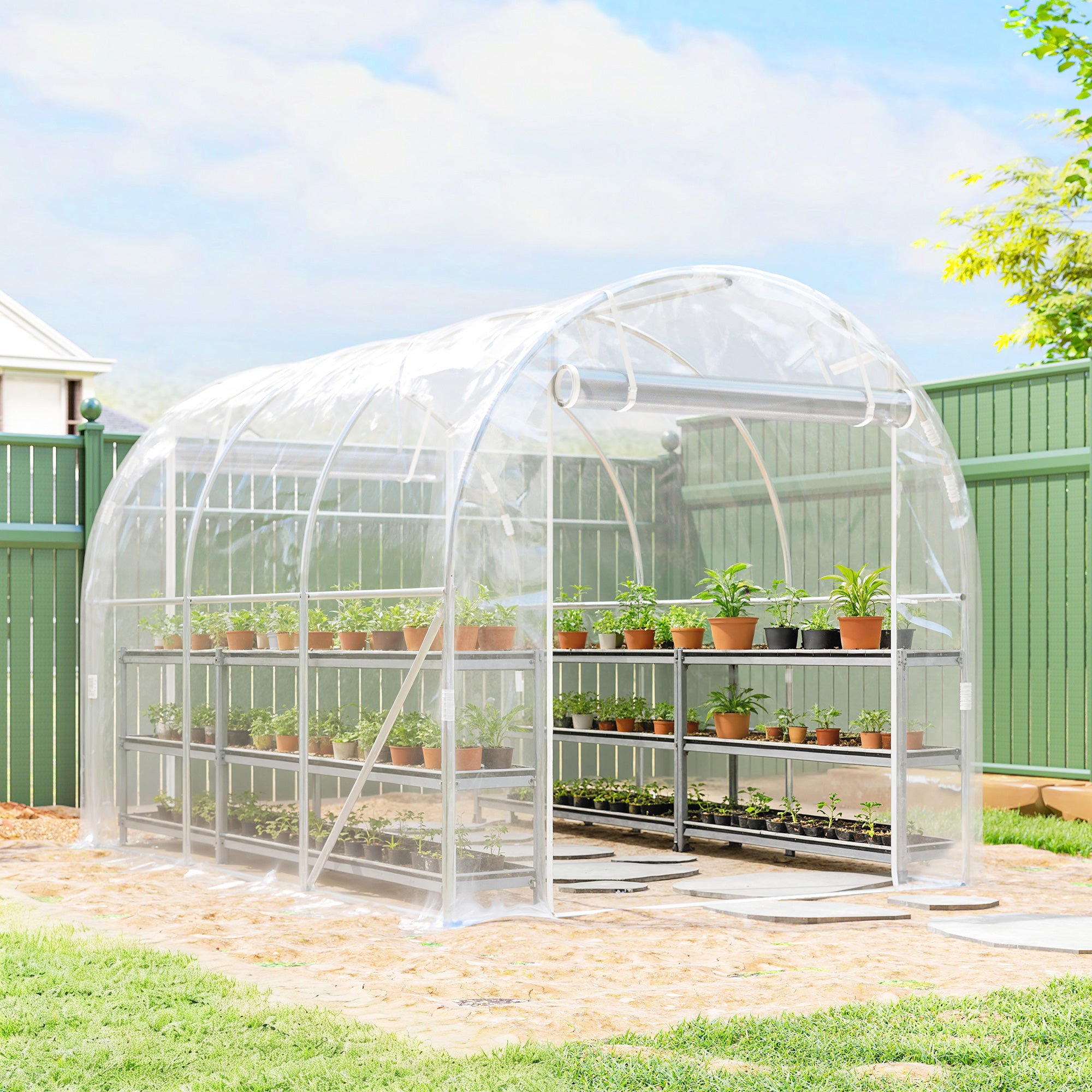 6 m² (≈64.6 sq ft) Tunnel Greenhouse — Galvanized Steel Frame, 150 gsm PE Cover, 2 Roll-Up Zipper Doors, 195×295×195 cm (76.8×116.1×76.8 in) — Clear