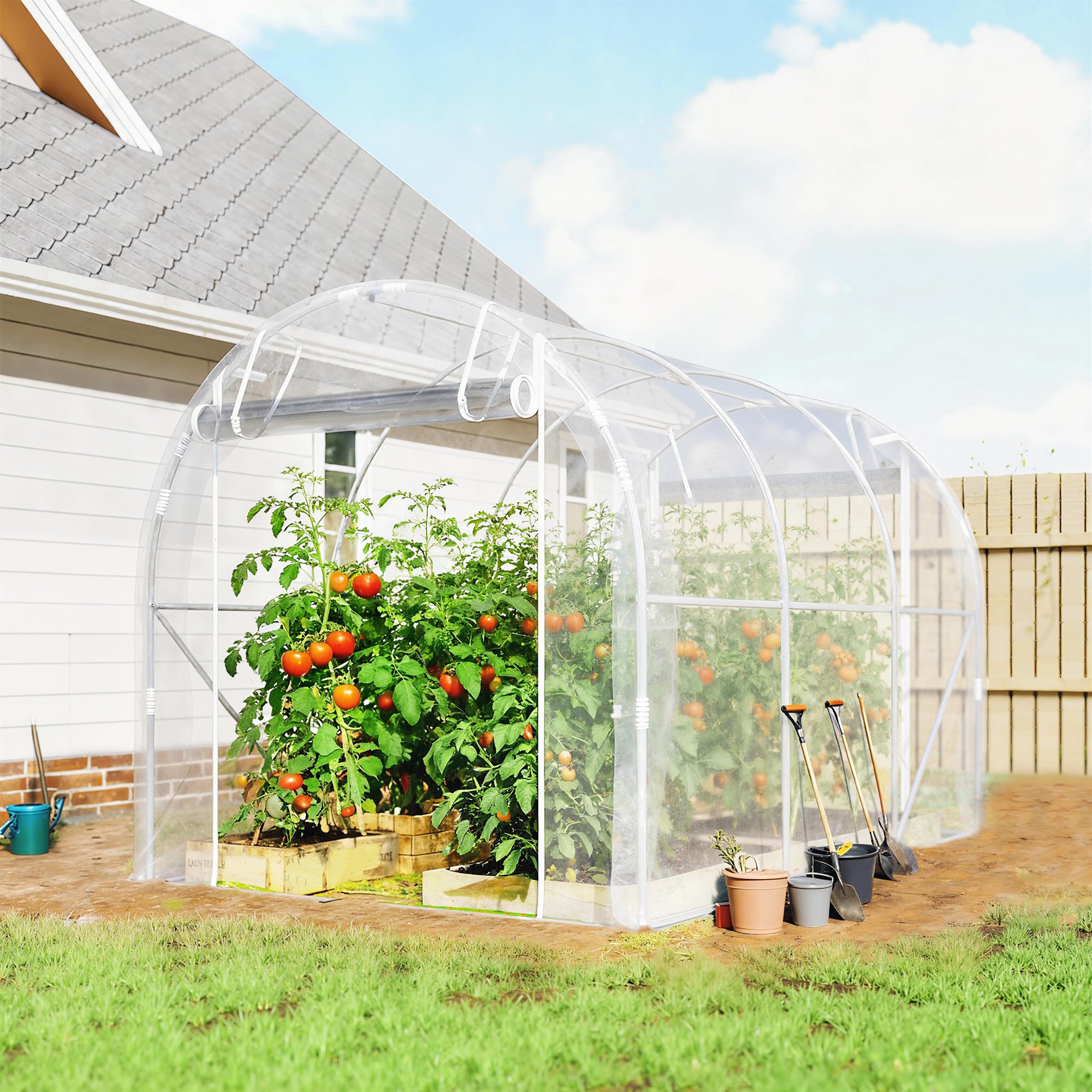 6 m² (≈64.6 sq ft) Tunnel Greenhouse — Galvanized Steel Frame, 150 gsm PE Cover, 2 Roll-Up Zipper Doors, 195×295×195 cm (76.8×116.1×76.8 in) — Clear