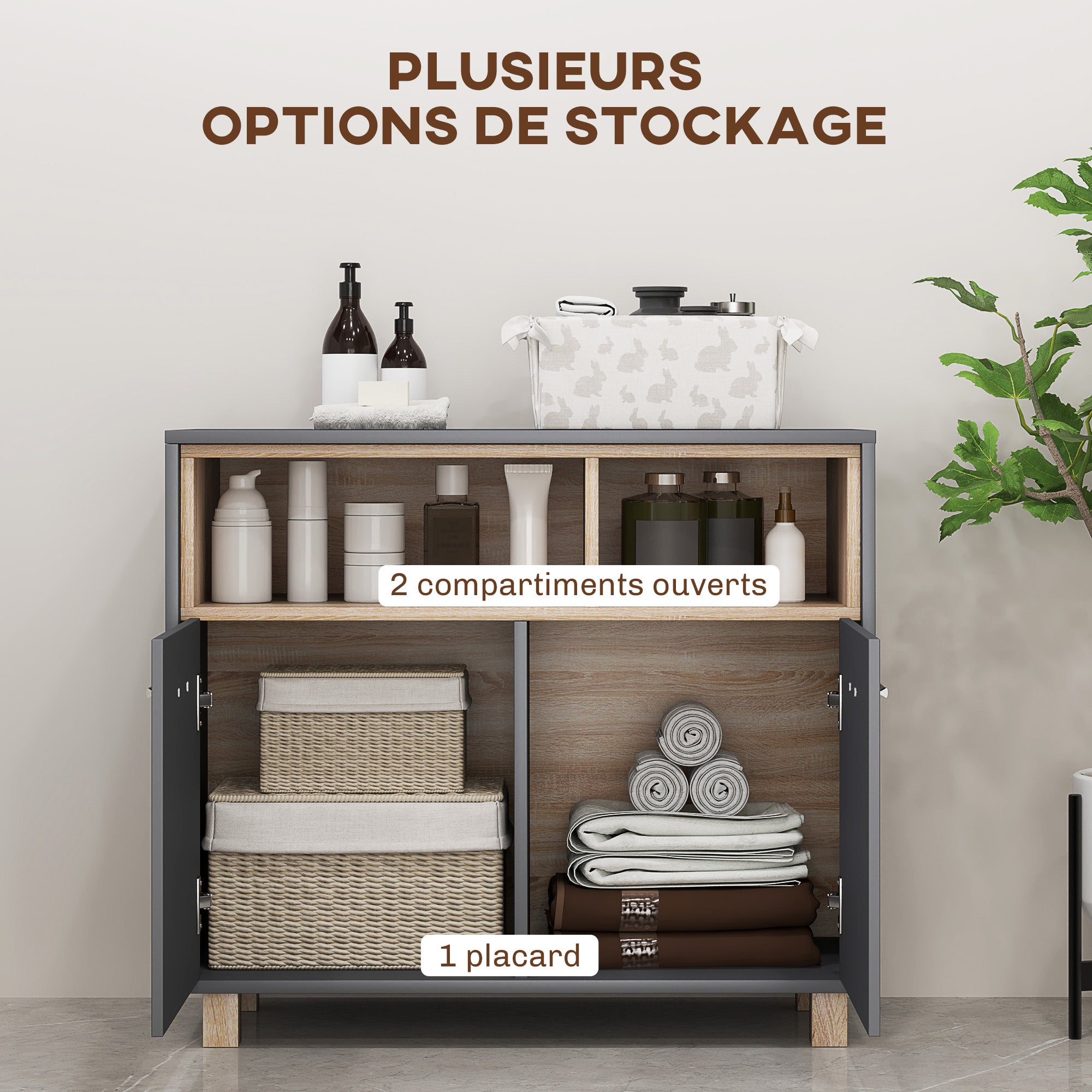 Bathroom Storage Cabinet, modern style storage unit with open compartments and double doors, cabinet for bathroom, living room, kitchen - 80W x 35D x 70H cm, gray