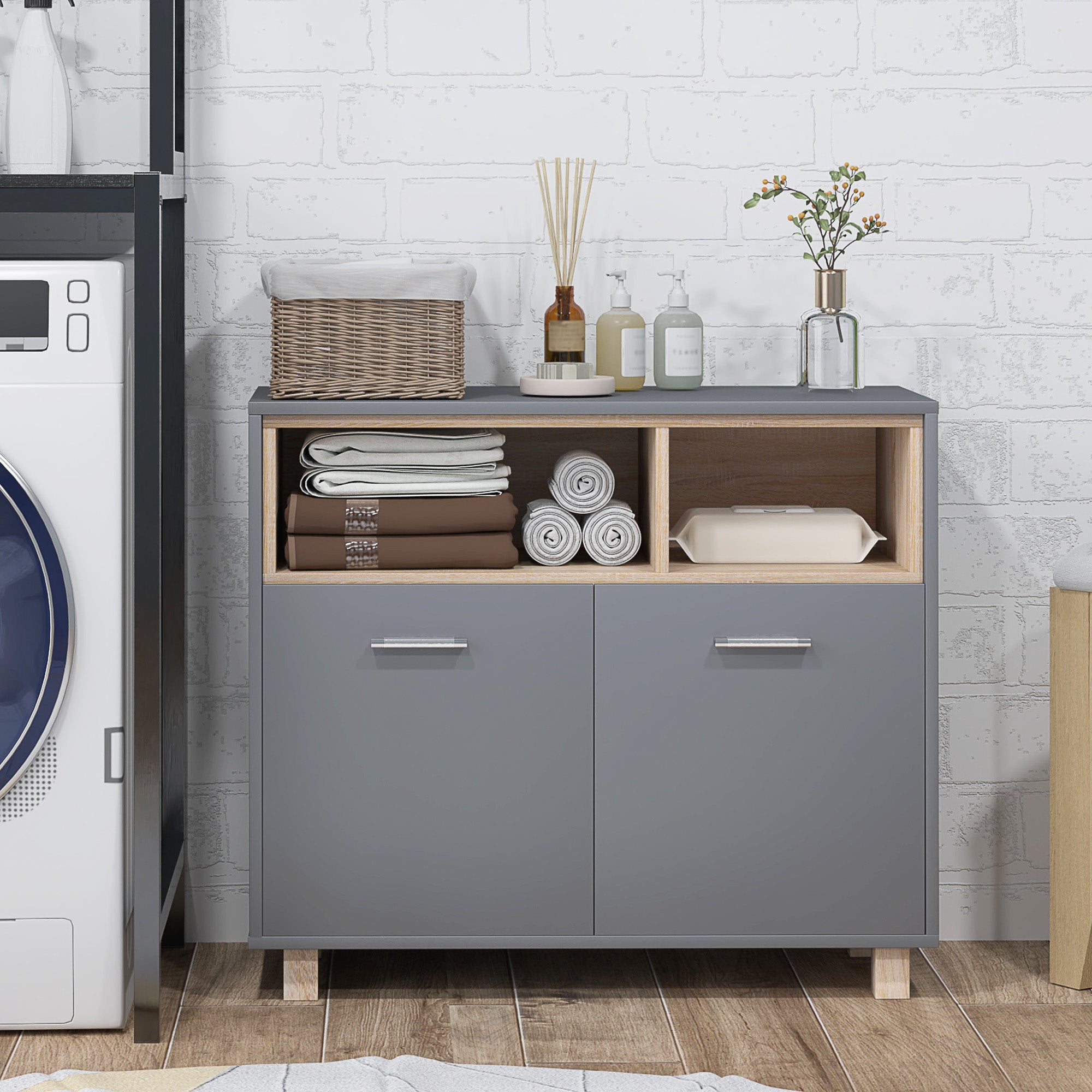 Bathroom Storage Cabinet, modern style storage unit with open compartments and double doors, cabinet for bathroom, living room, kitchen - 80W x 35D x 70H cm, gray