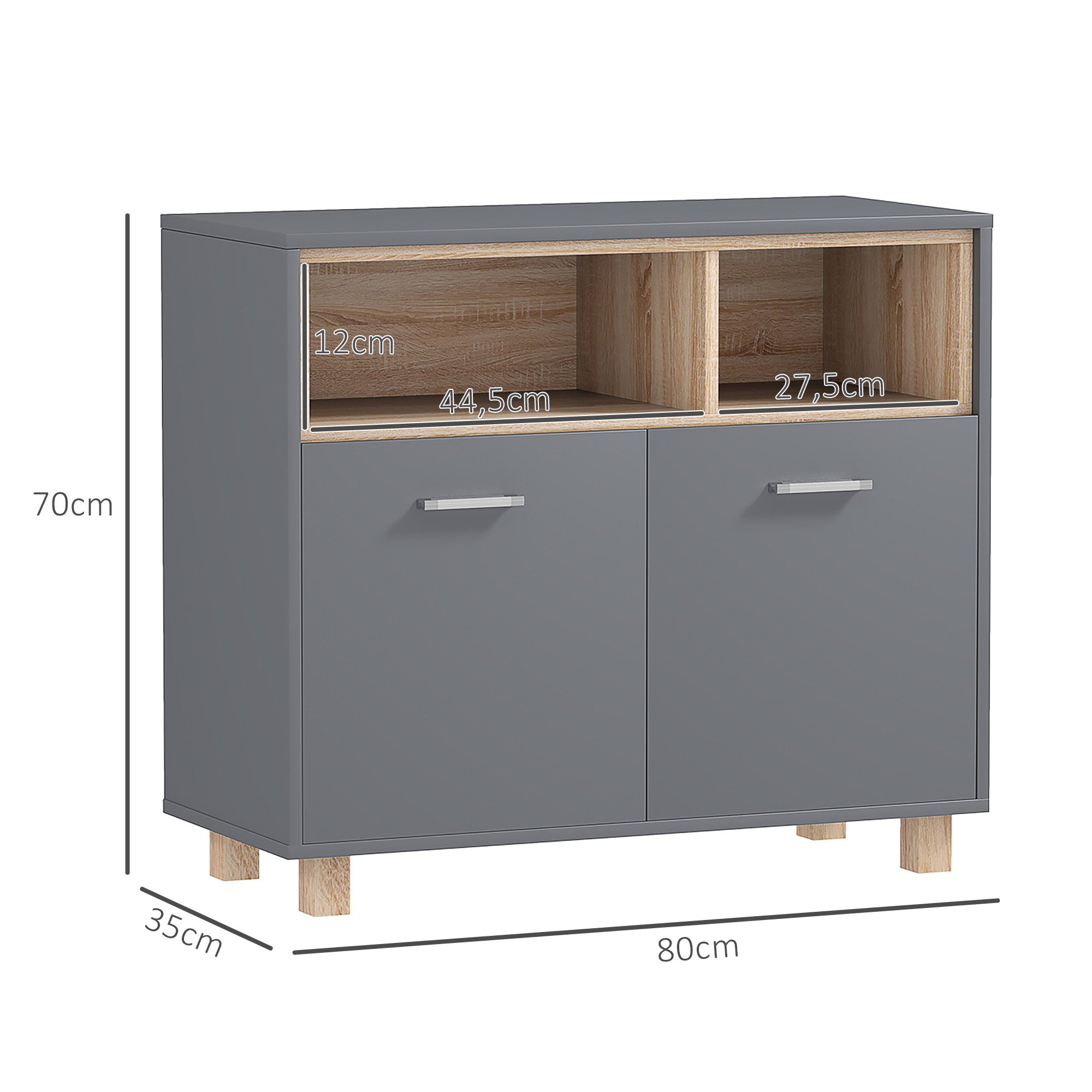 Bathroom Storage Cabinet, modern style storage unit with open compartments and double doors, cabinet for bathroom, living room, kitchen - 80W x 35D x 70H cm, gray