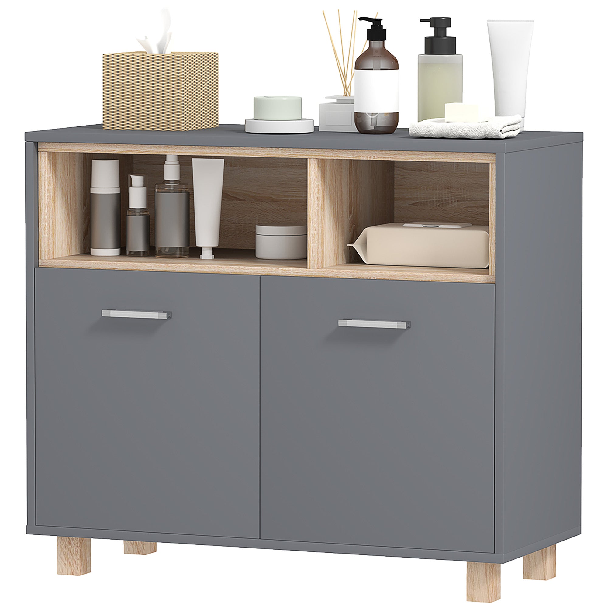 Bathroom Storage Cabinet, modern style storage unit with open compartments and double doors, cabinet for bathroom, living room, kitchen - 80W x 35D x 70H cm, gray