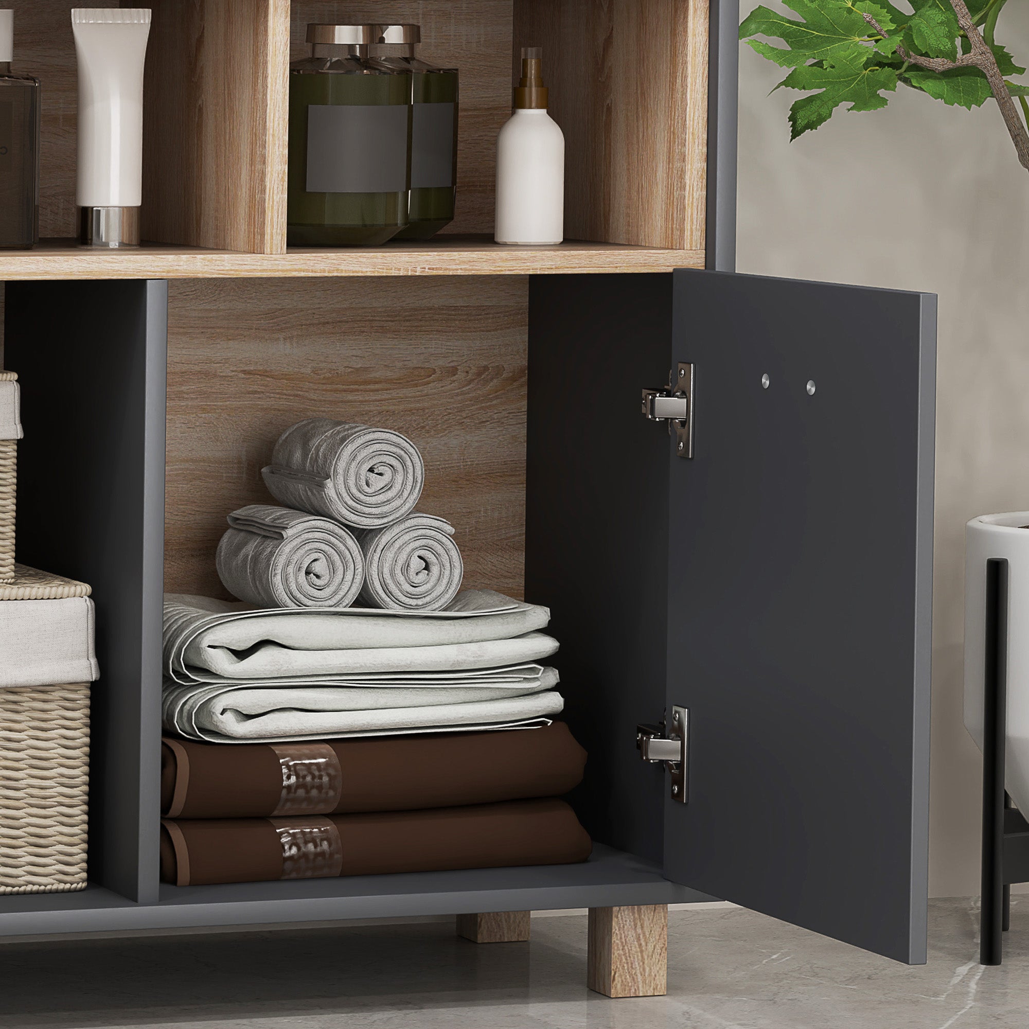 Bathroom Storage Cabinet, modern style storage unit with open compartments and double doors, cabinet for bathroom, living room, kitchen - 80W x 35D x 70H cm, gray