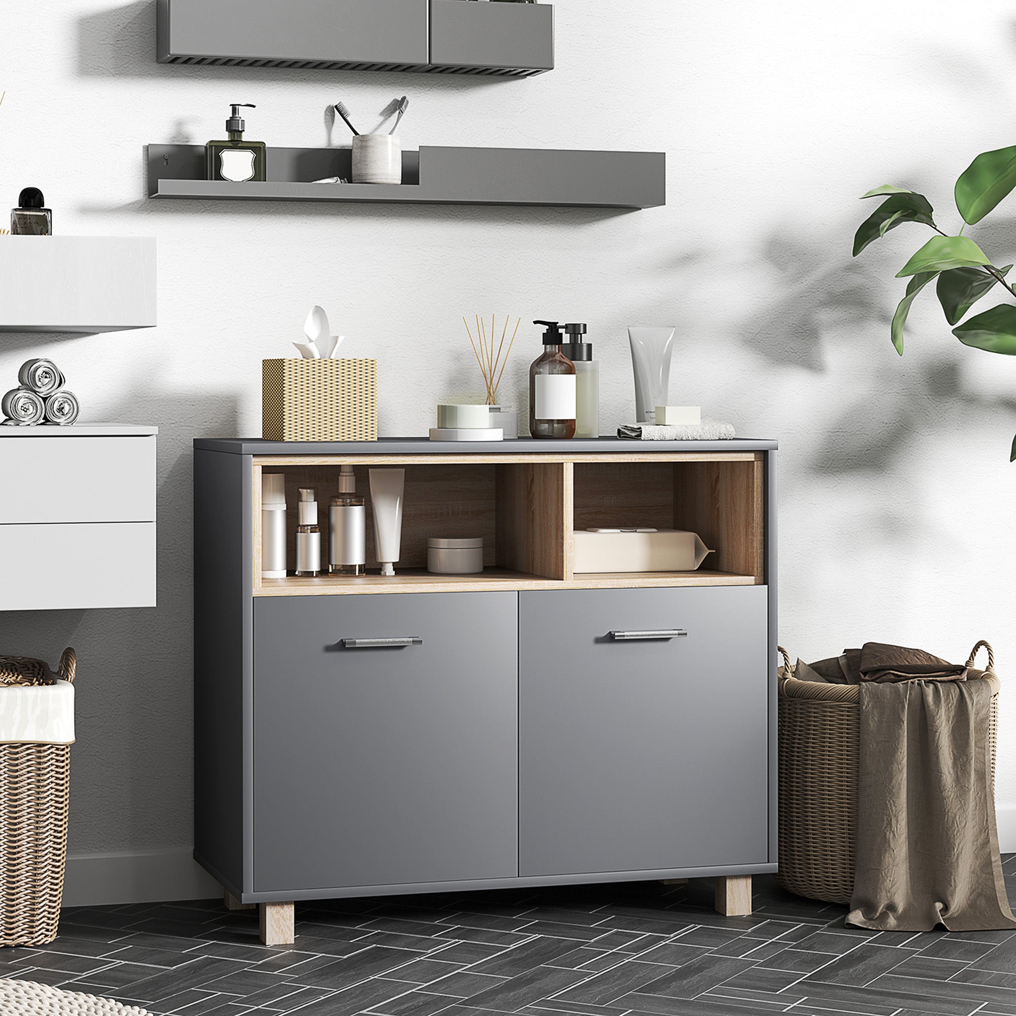 Bathroom Storage Cabinet, modern style storage unit with open compartments and double doors, cabinet for bathroom, living room, kitchen - 80W x 35D x 70H cm, gray