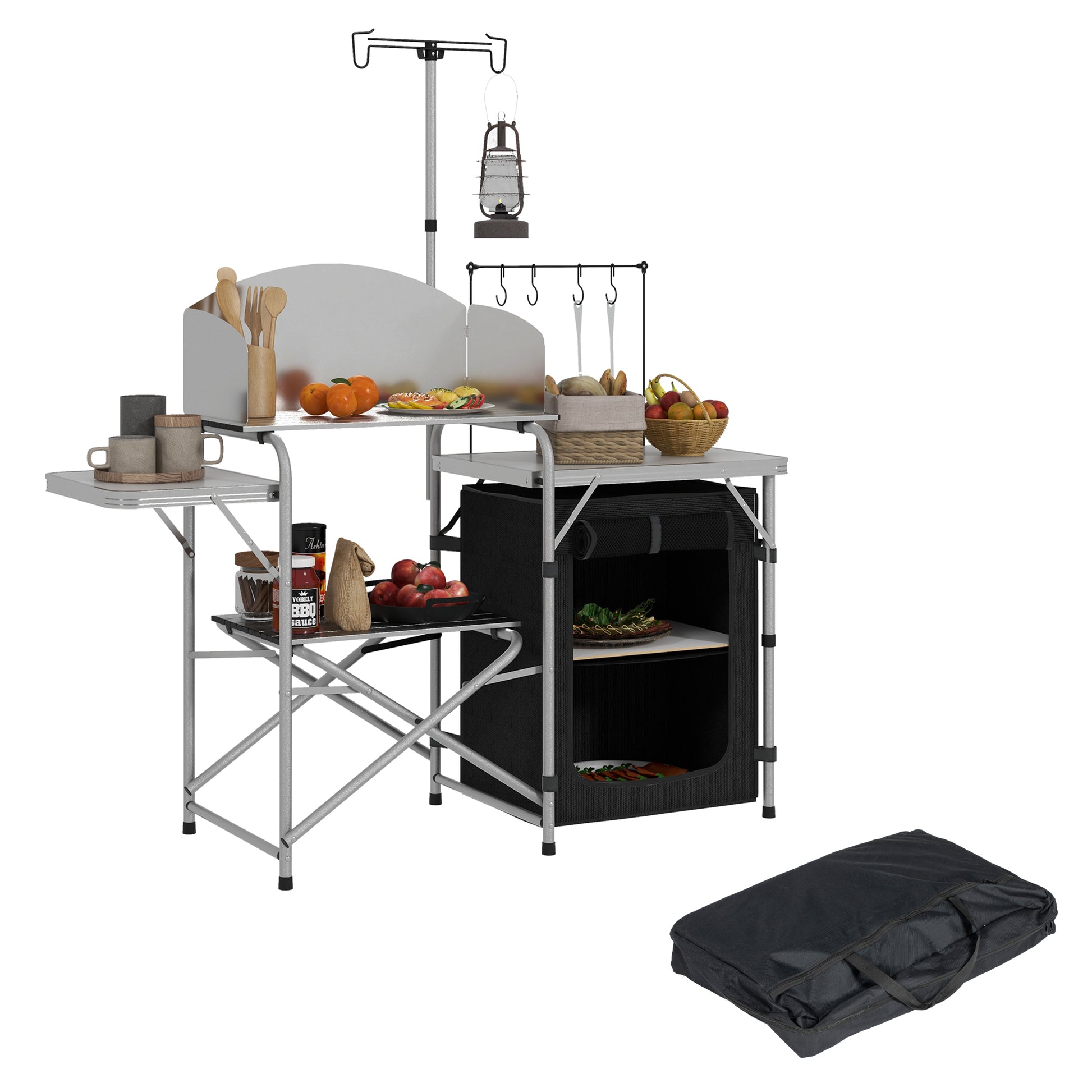 Camping Kitchen Cabinet with Storage, Portable Folding Outdoor Table, Aluminum Cooking Station with Carry Bag