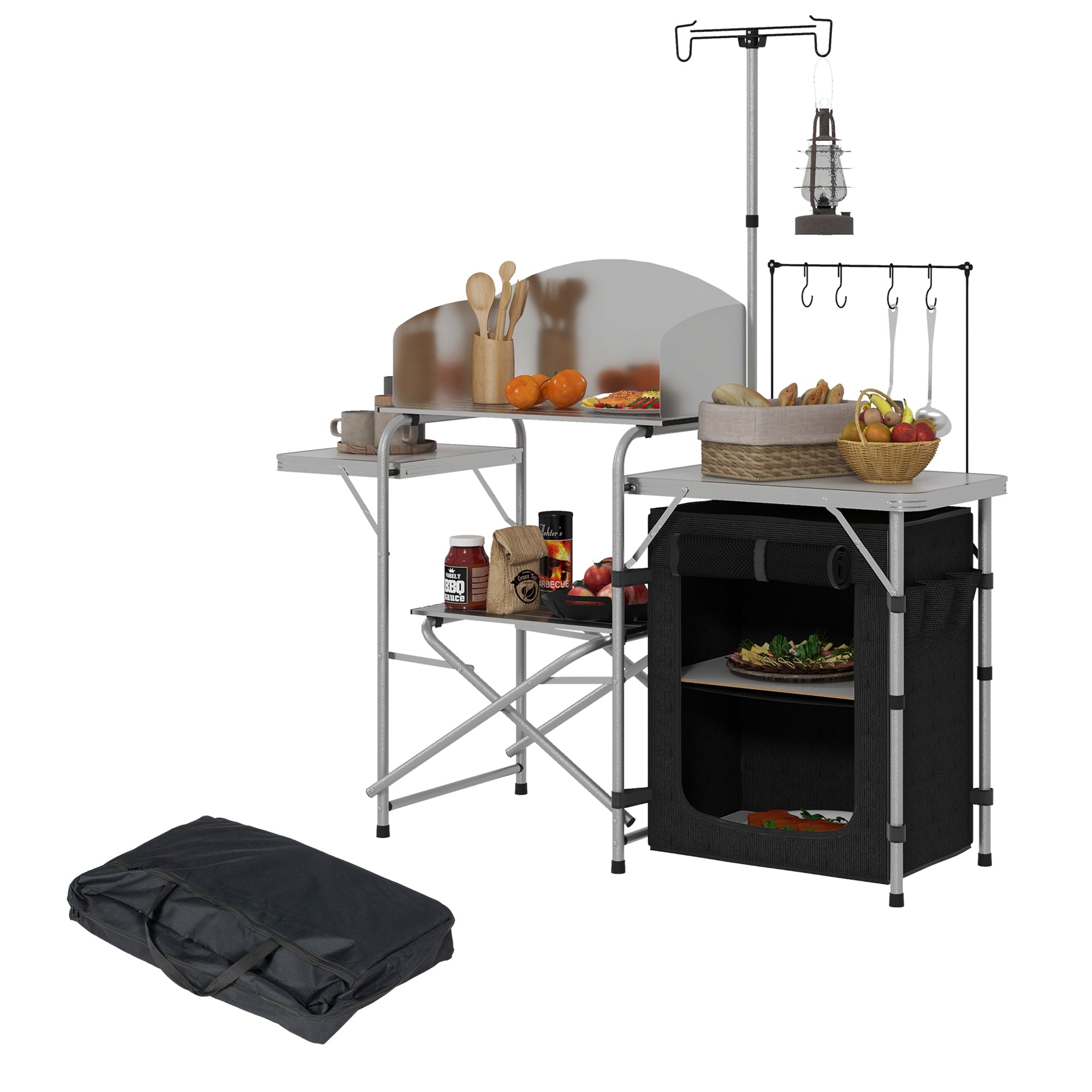 Camping Kitchen Cabinet with Storage, Portable Folding Outdoor Table, Aluminum Cooking Station with Carry Bag