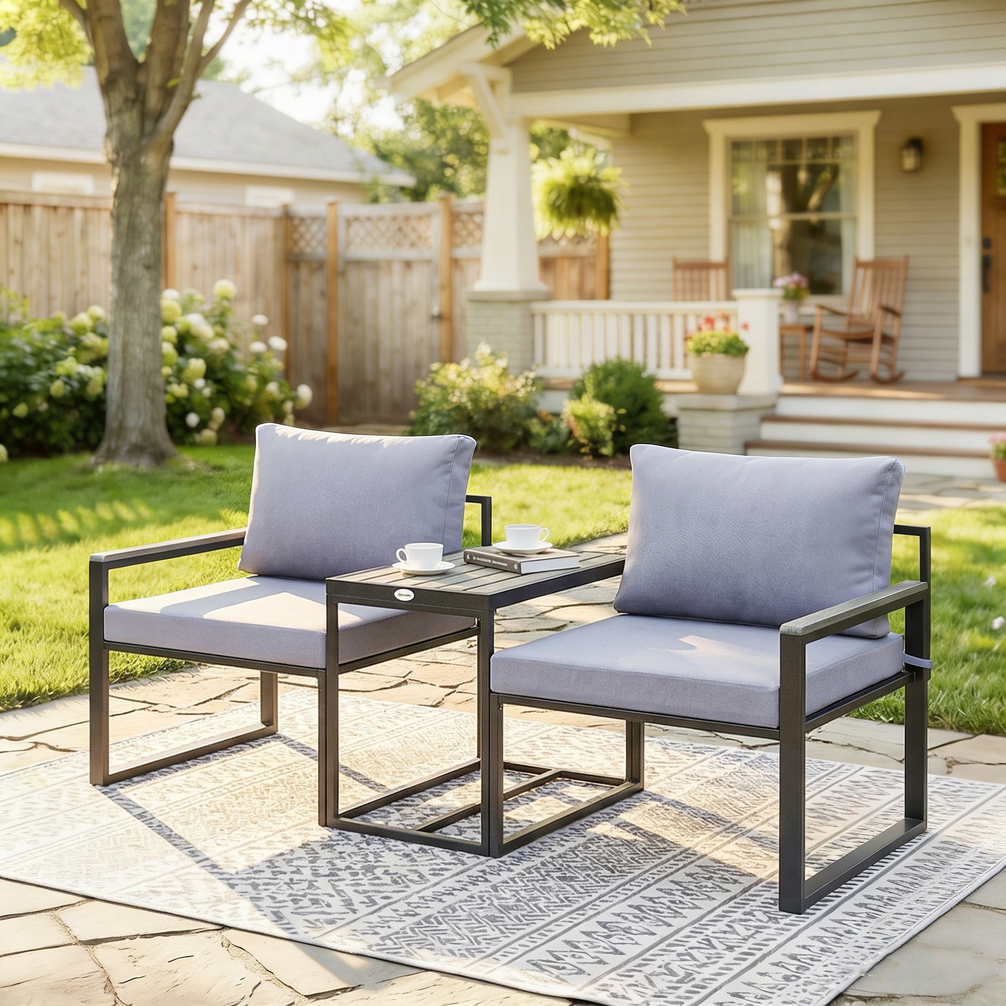 3-Piece Balcony Bistro Set – 2 Armchairs & Table with Removable Breathable Seat and Back Cushions, Steel Patio Furniture, Gray