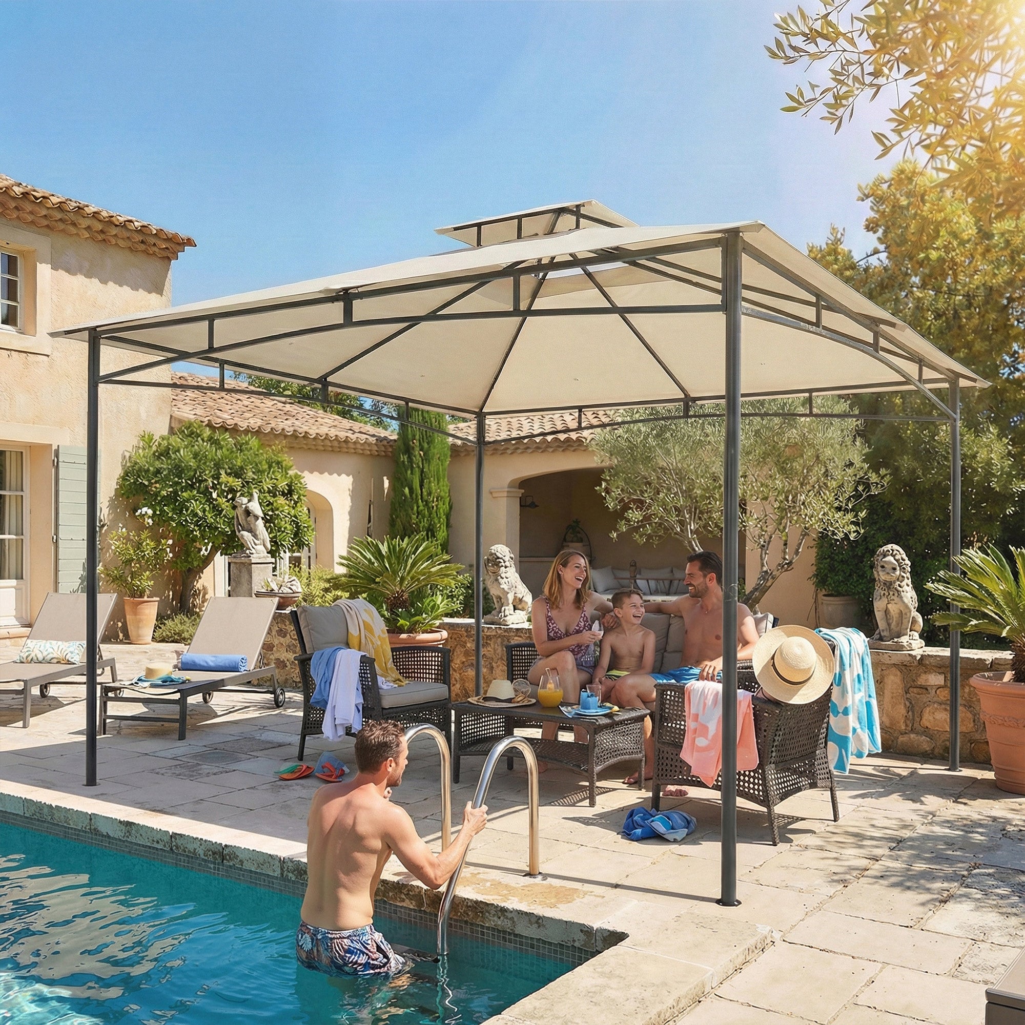 10 ft x 10 ft Waterproof Garden Gazebo — Double Roof, Retractable Top Frame, UPF 50+, Cream White