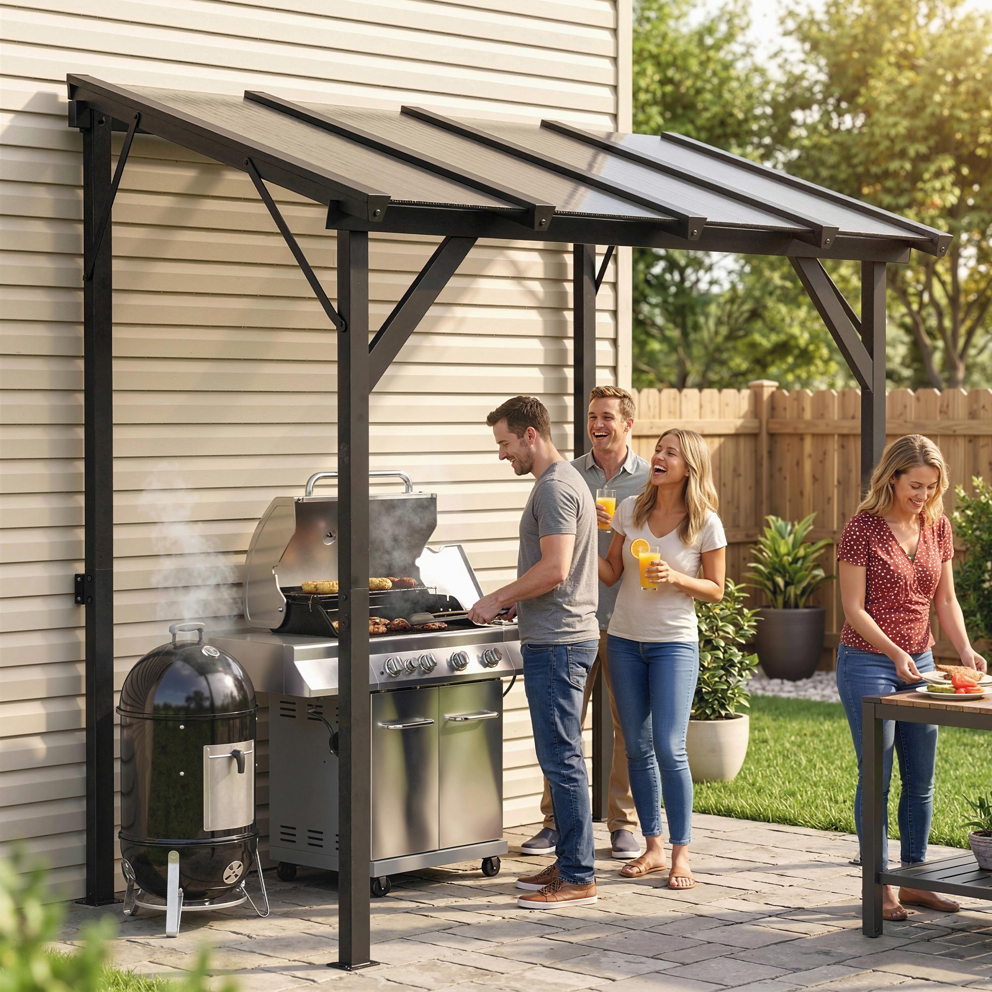 Lean-to BBQ Pavilion, 8.0 ft x 4 ft 10 in x 8.0 ft Patio Canopy with UPF50+ Polycarbonate Roof — Dark Gray