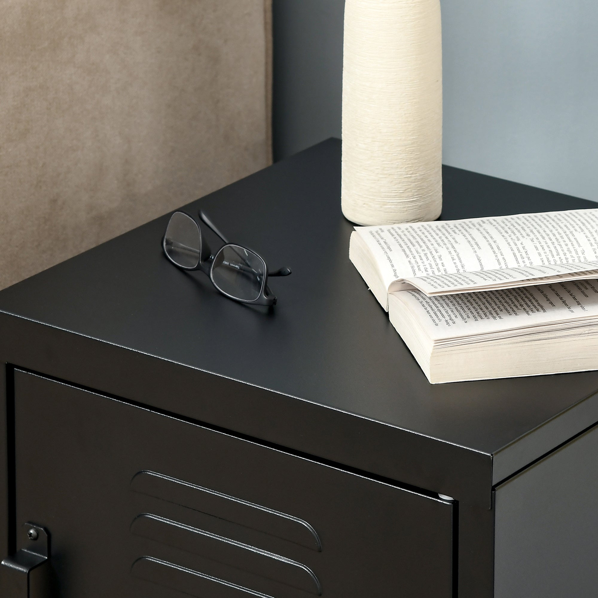 Nightstand, Side Table with Adjustable Shelf, Door, Bedside Table for Bedroom, Living Room, Metal, Black, 50 x 40 x 47.5 cm