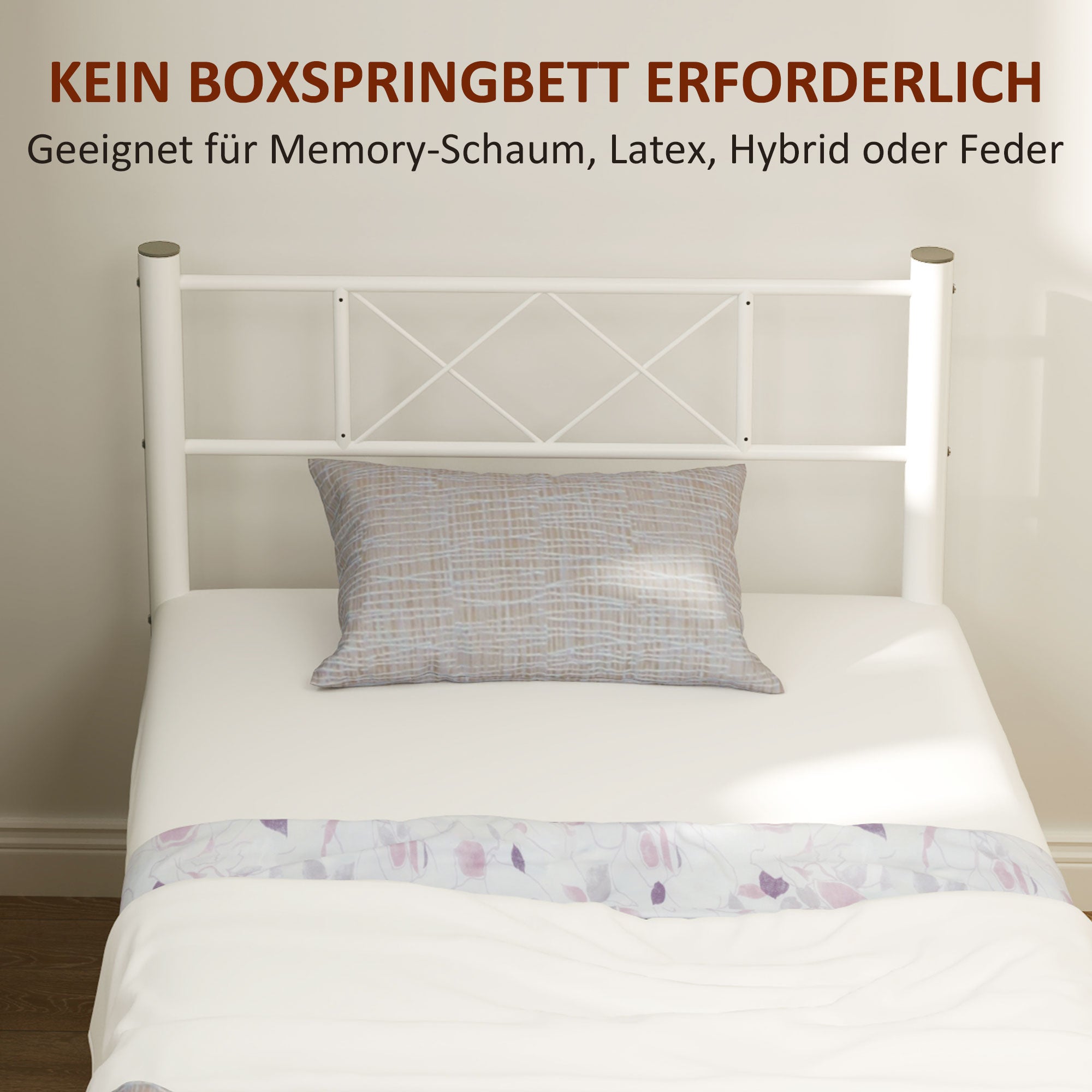 Bed Frame for Mattress 200 x 90 cm, Bedstead 88 cm High Single Bed Frame made of steel, for bedroom guest room, White