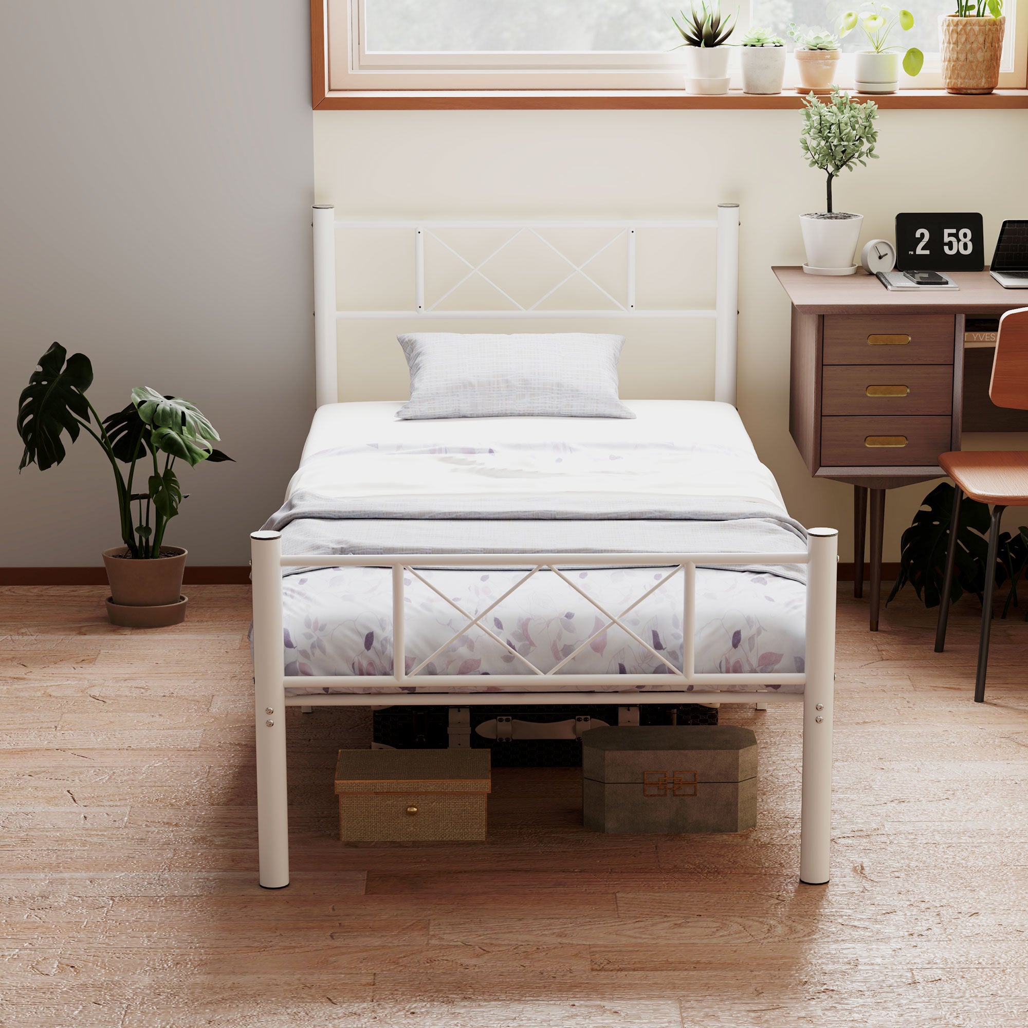Bed Frame for Mattress 200 x 90 cm, Bedstead 88 cm High Single Bed Frame made of steel, for bedroom guest room, White