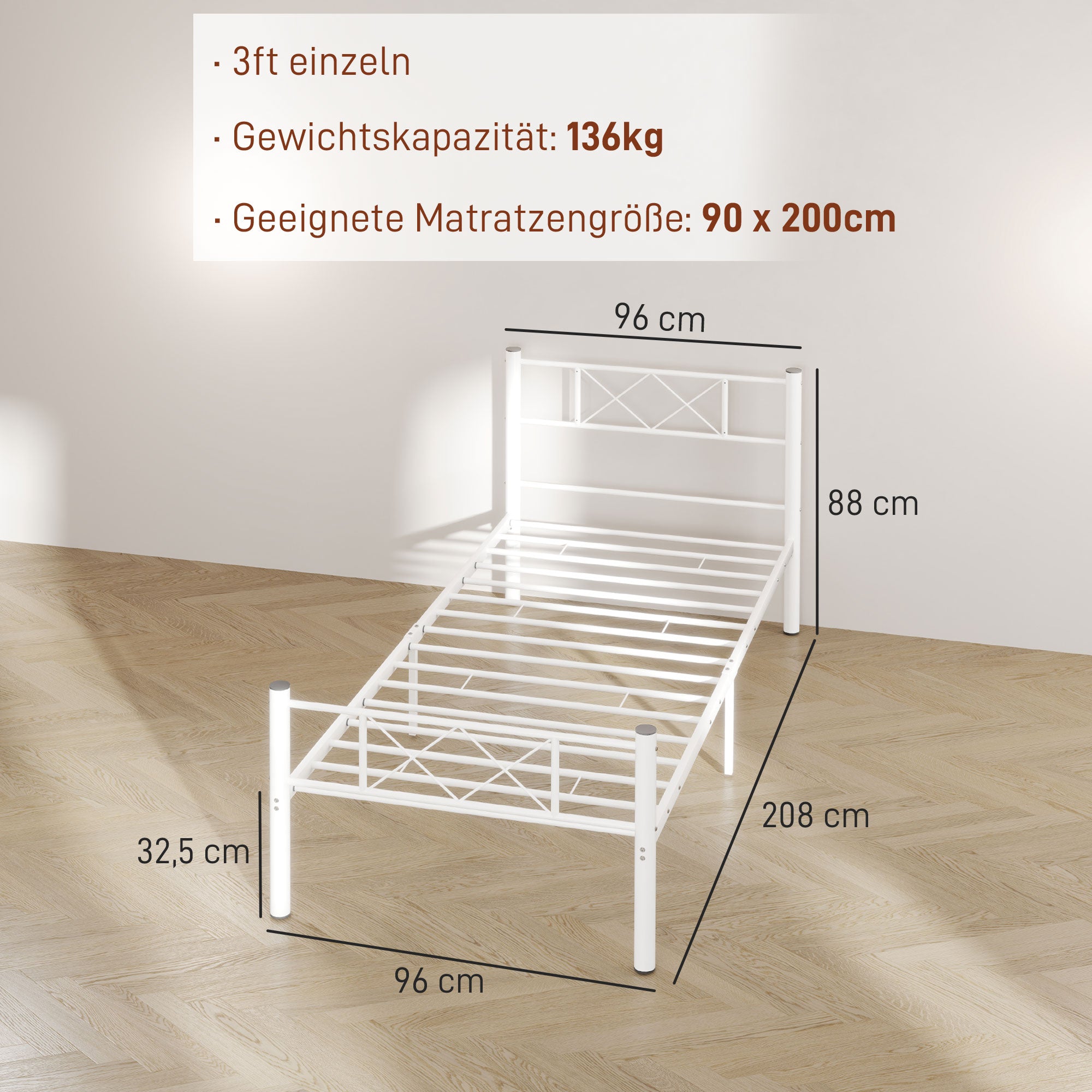 Bed Frame for Mattress 200 x 90 cm, Bedstead 88 cm High Single Bed Frame made of steel, for bedroom guest room, White