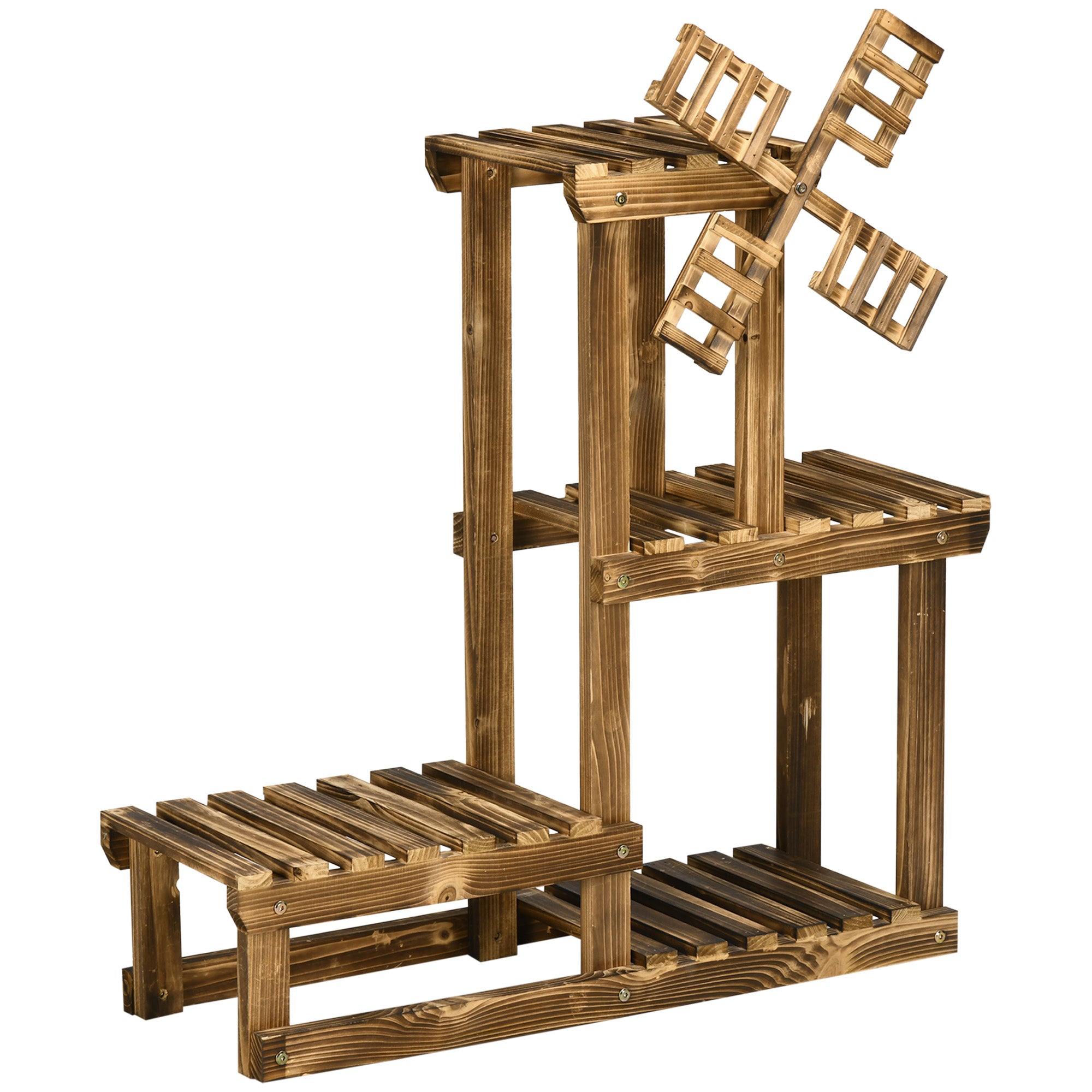 Outdoor Plant Shelf with 4 Display Spaces, Garden and Home Plant Stand with Windmill Decoration, 76x30x90cm