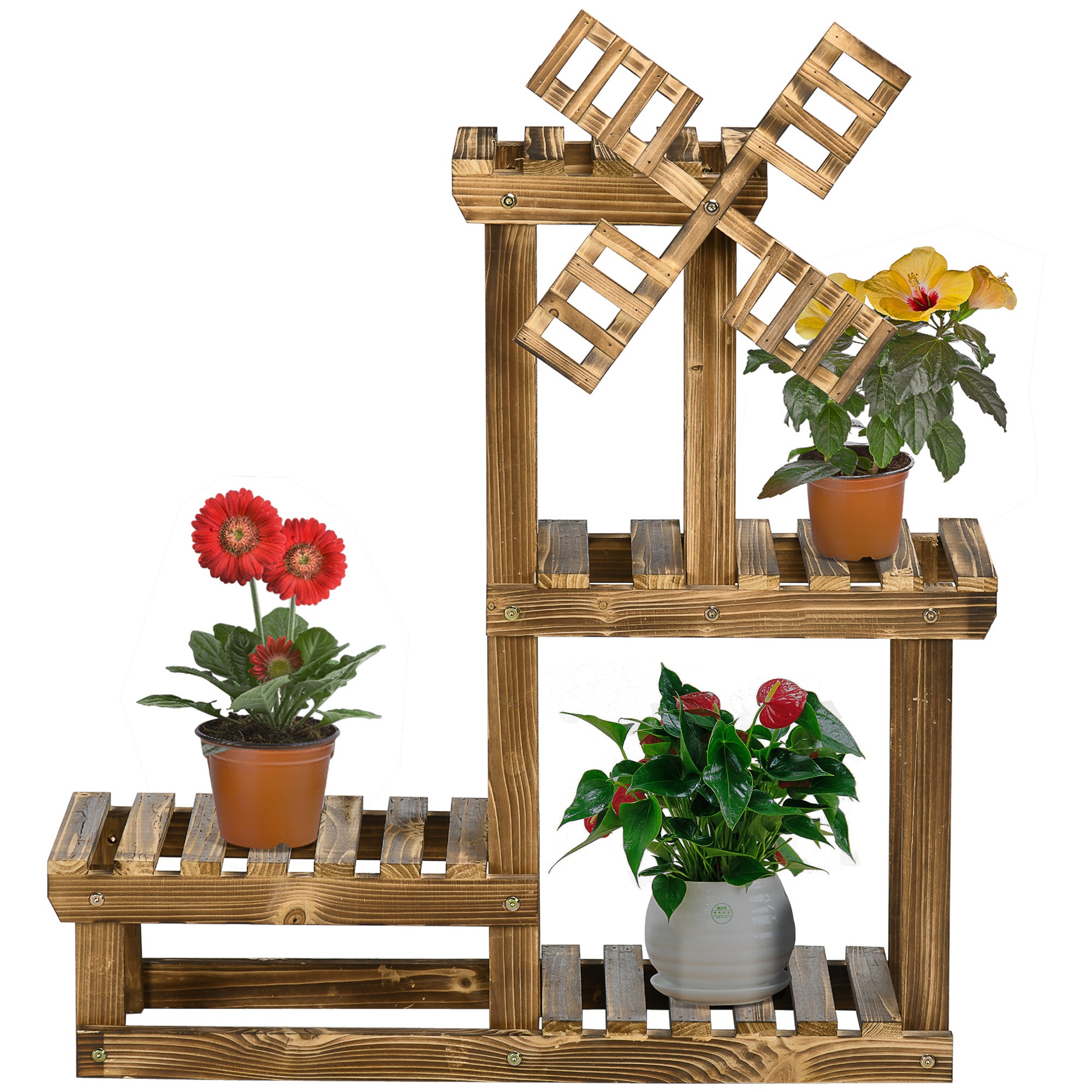 Outdoor Plant Shelf with 4 Display Spaces, Garden and Home Plant Stand with Windmill Decoration, 76x30x90cm