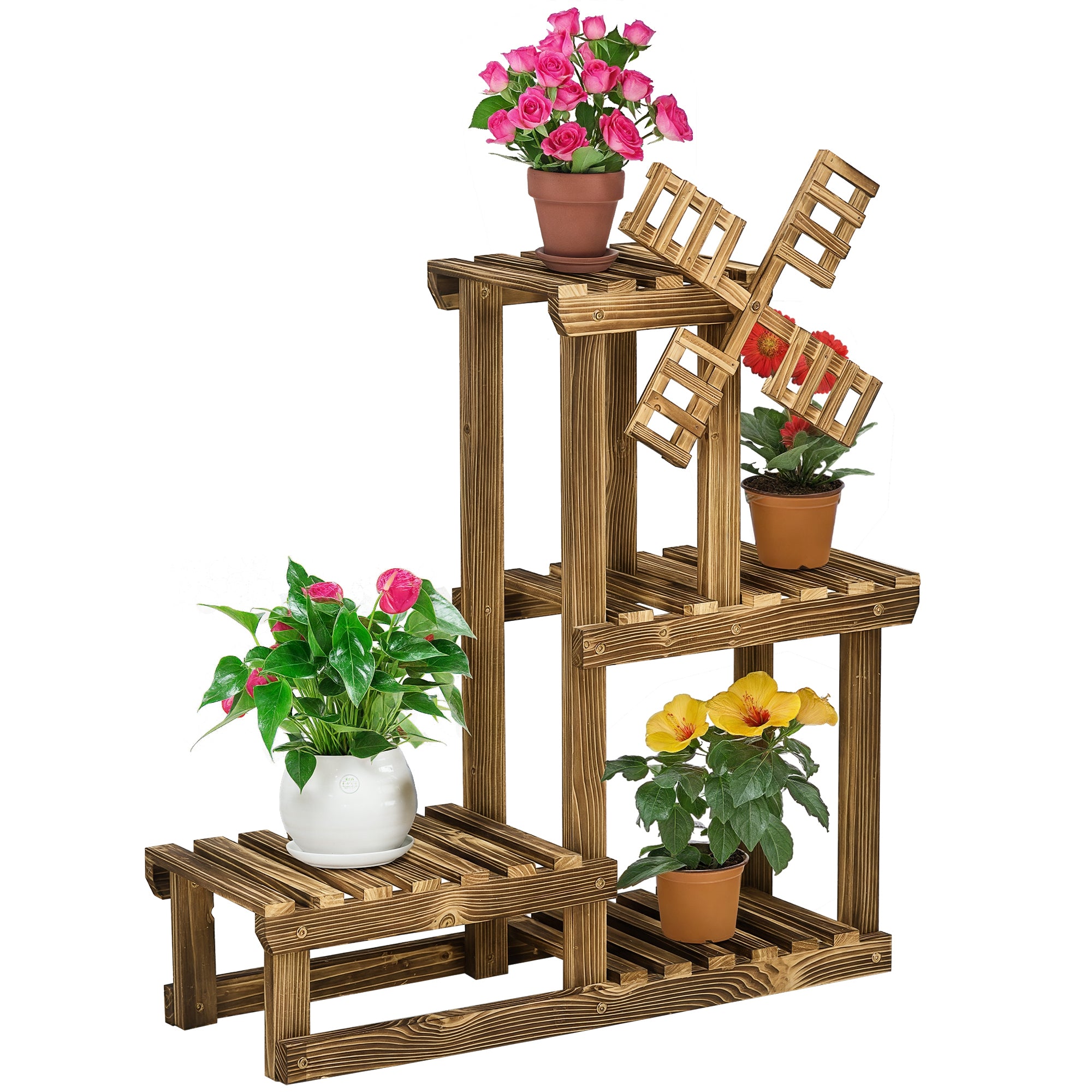 Outdoor Plant Shelf with 4 Display Spaces, Garden and Home Plant Stand with Windmill Decoration, 76x30x90cm