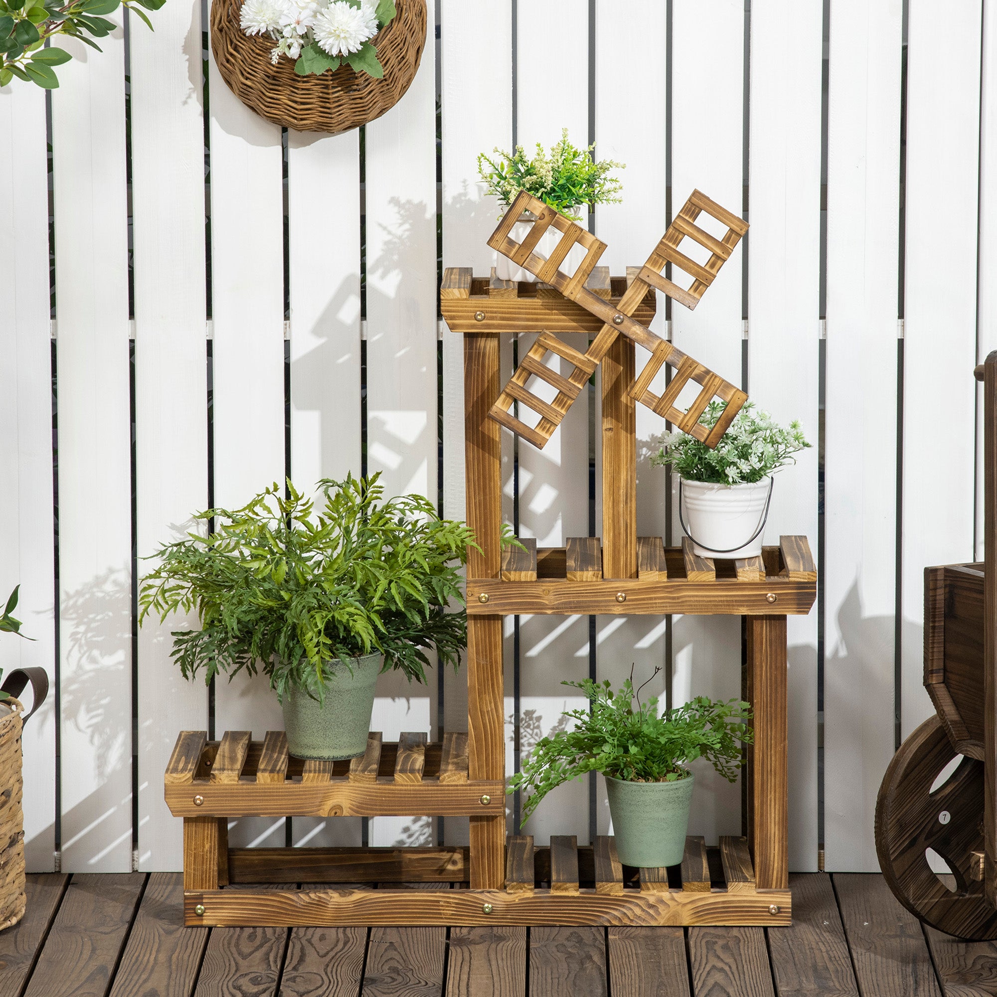 Outdoor Plant Shelf with 4 Display Spaces, Garden and Home Plant Stand with Windmill Decoration, 76x30x90cm