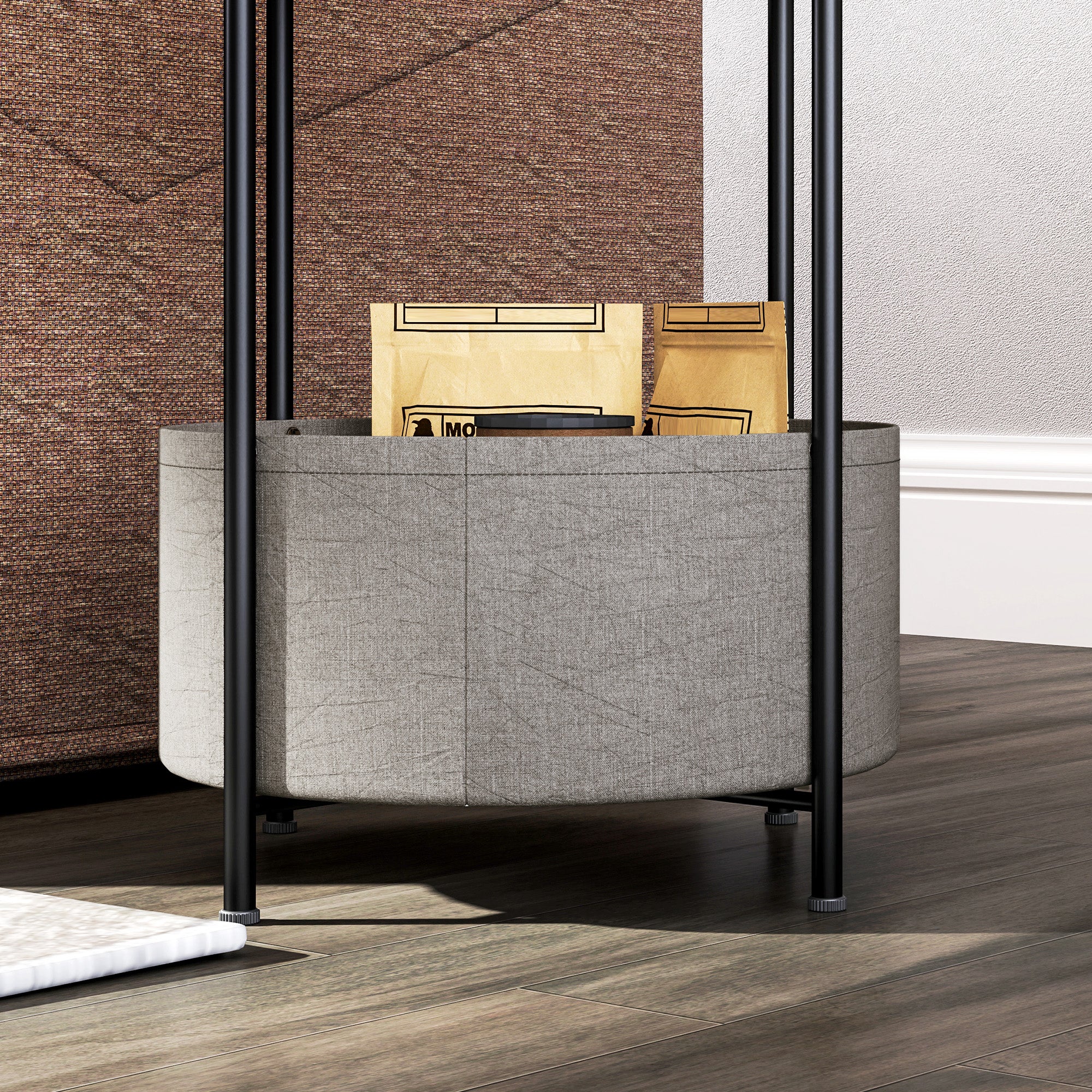 Side Table Round Bedside Table with Shelf and Fabric Basket, Steel Coffee Table for Living Room Bedroom 44 x 44 x 56 cm Gray+White