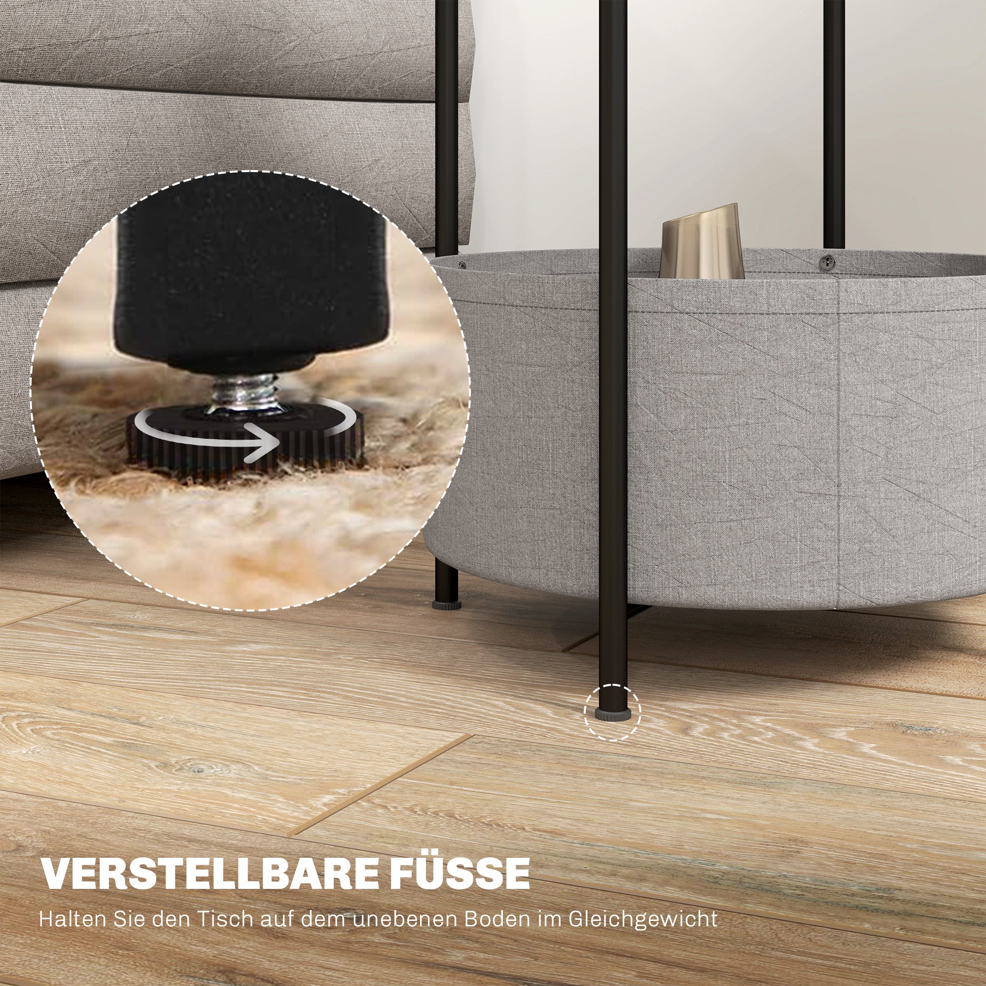 Side Table Round Bedside Table with Shelf and Fabric Basket, Steel Coffee Table for Living Room Bedroom 44 x 44 x 56 cm Gray+White