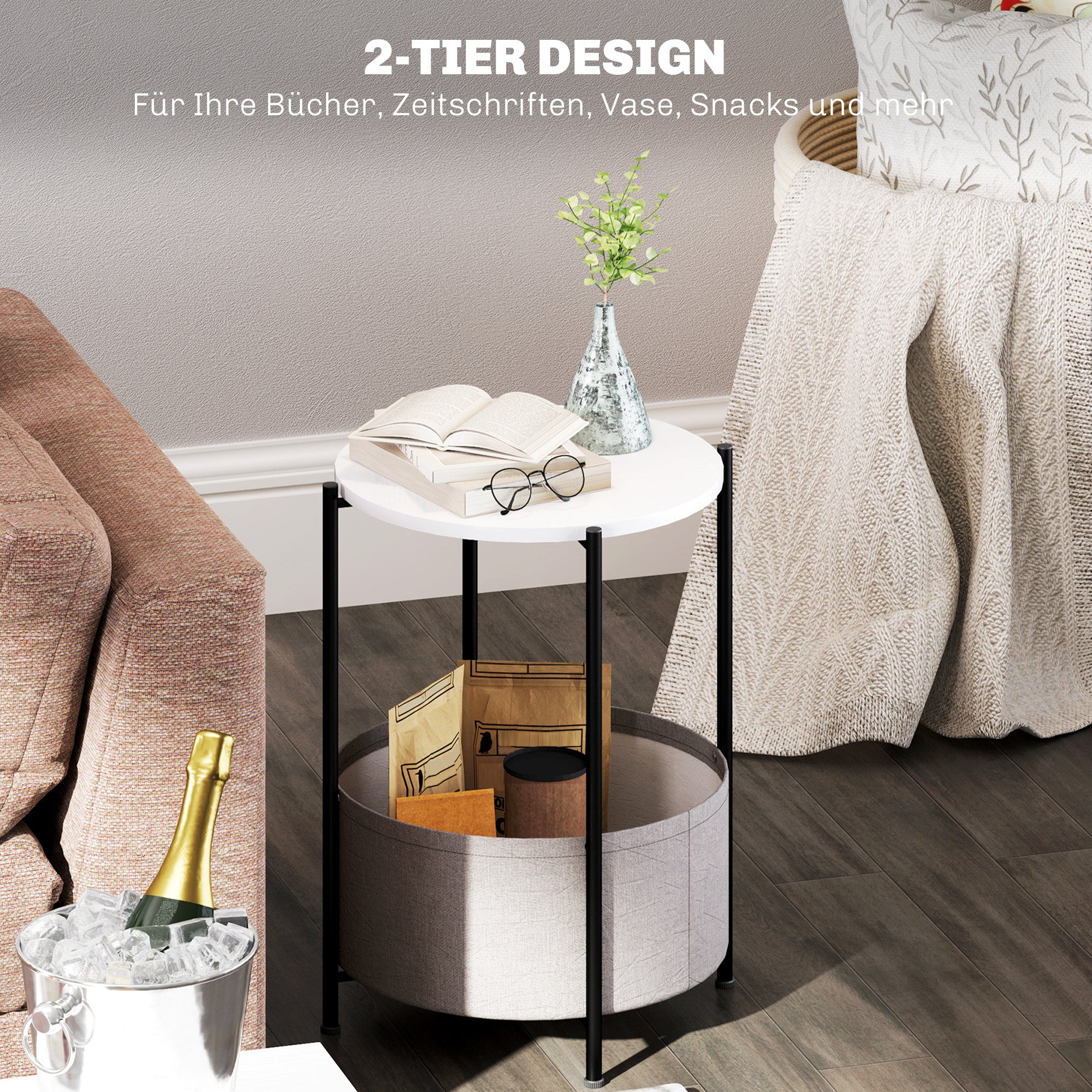 Side Table Round Bedside Table with Shelf and Fabric Basket, Steel Coffee Table for Living Room Bedroom 44 x 44 x 56 cm Gray+White