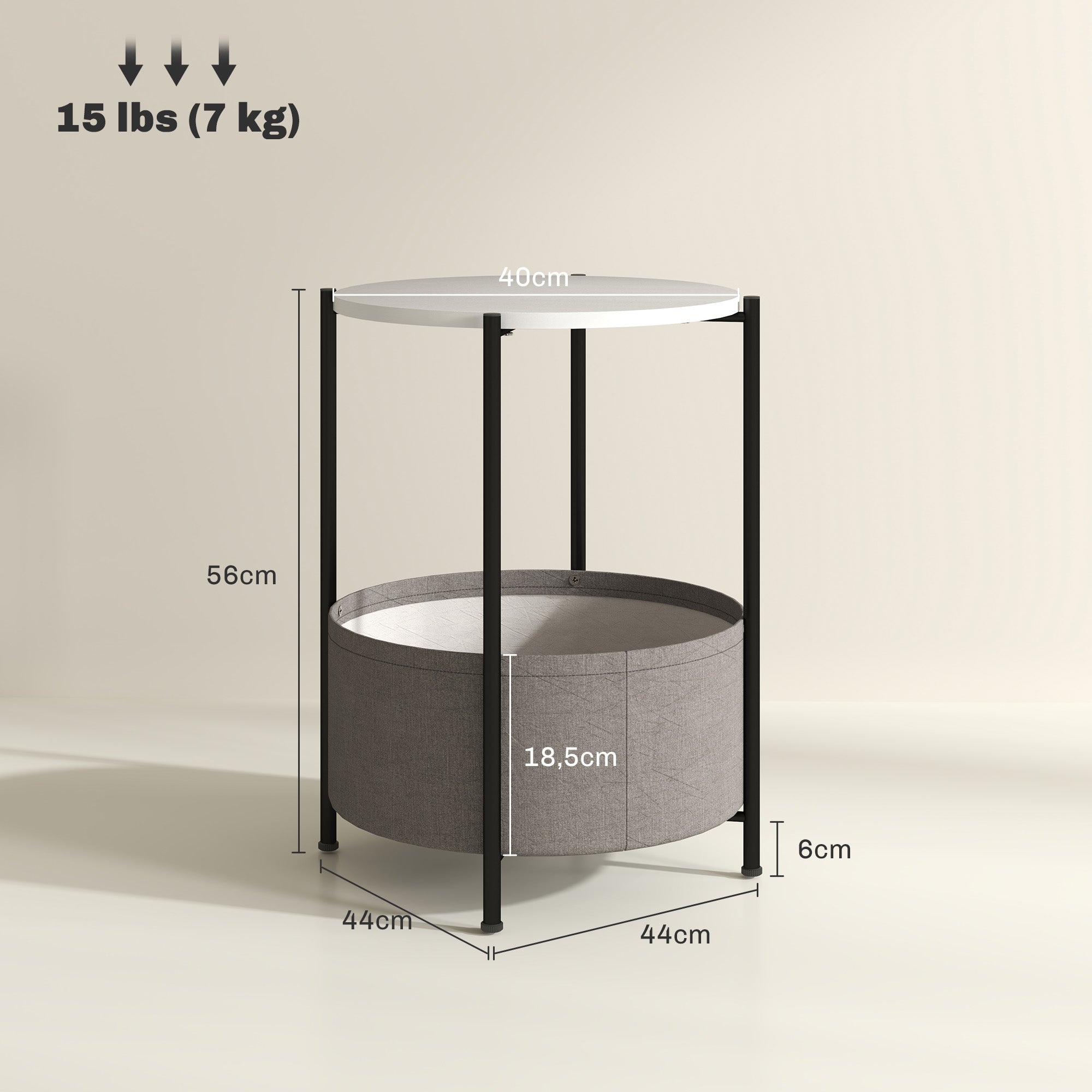 Side Table Round Bedside Table with Shelf and Fabric Basket, Steel Coffee Table for Living Room Bedroom 44 x 44 x 56 cm Gray+White