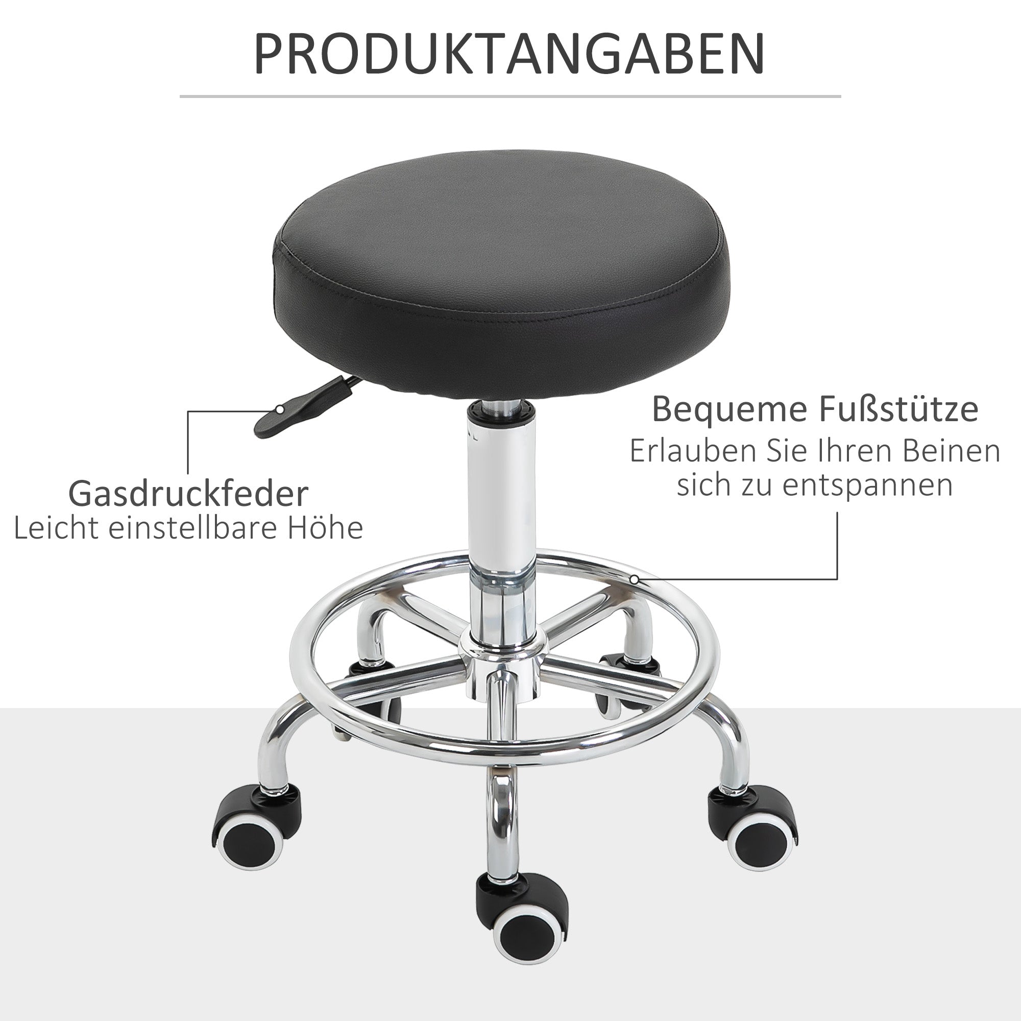 Rolling Stool Adjustable Work Stool with Foot Ring, Swivel Salon Stool Rolling Stool with Wheels Faux Leather Black Ø42 x 50-64 cm