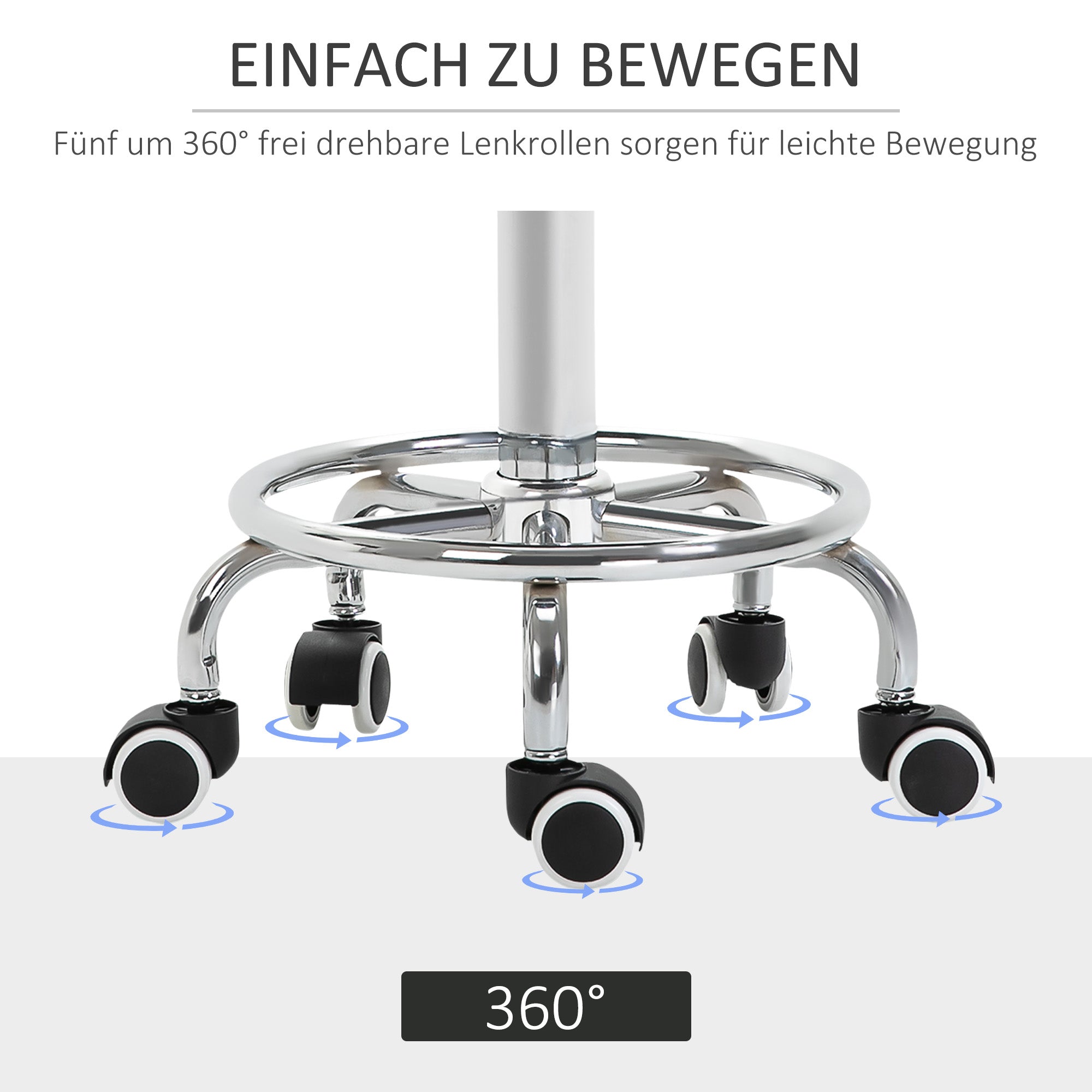 Rolling Stool Adjustable Work Stool with Foot Ring, Swivel Salon Stool Rolling Stool with Wheels Faux Leather Black Ø42 x 50-64 cm