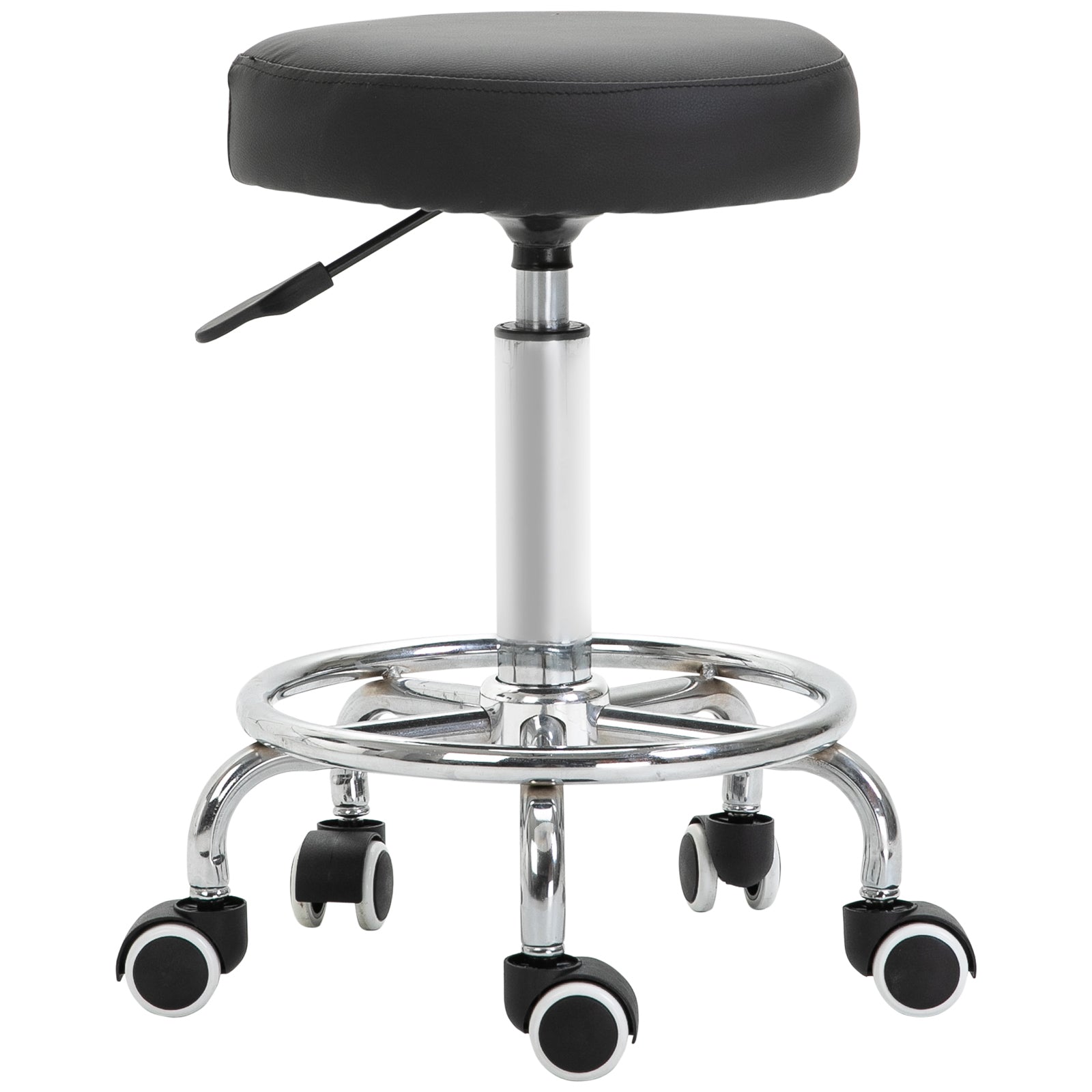 Rolling Stool Adjustable Work Stool with Foot Ring, Swivel Salon Stool Rolling Stool with Wheels Faux Leather Black Ø42 x 50-64 cm
