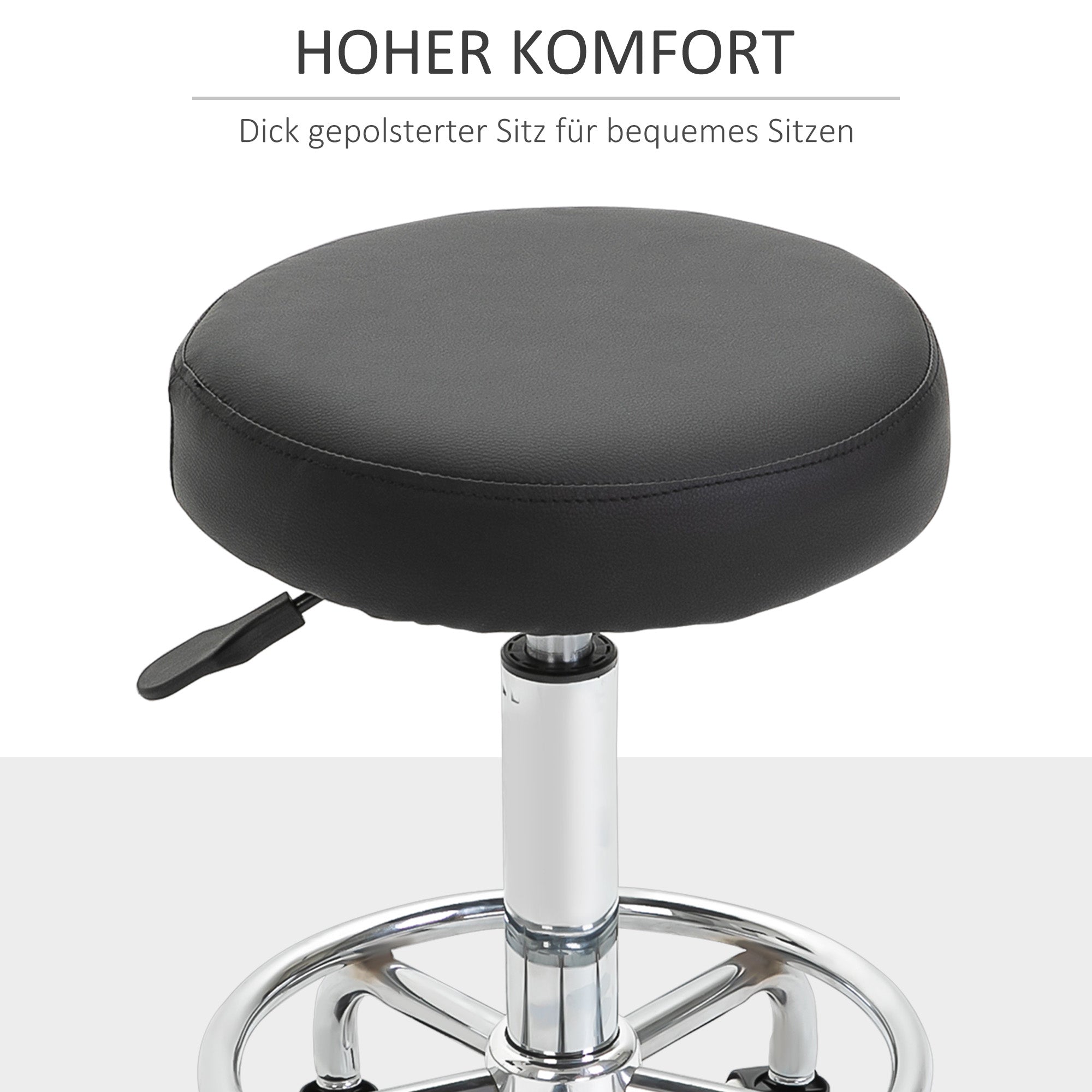 Rolling Stool Adjustable Work Stool with Foot Ring, Swivel Salon Stool Rolling Stool with Wheels Faux Leather Black Ø42 x 50-64 cm