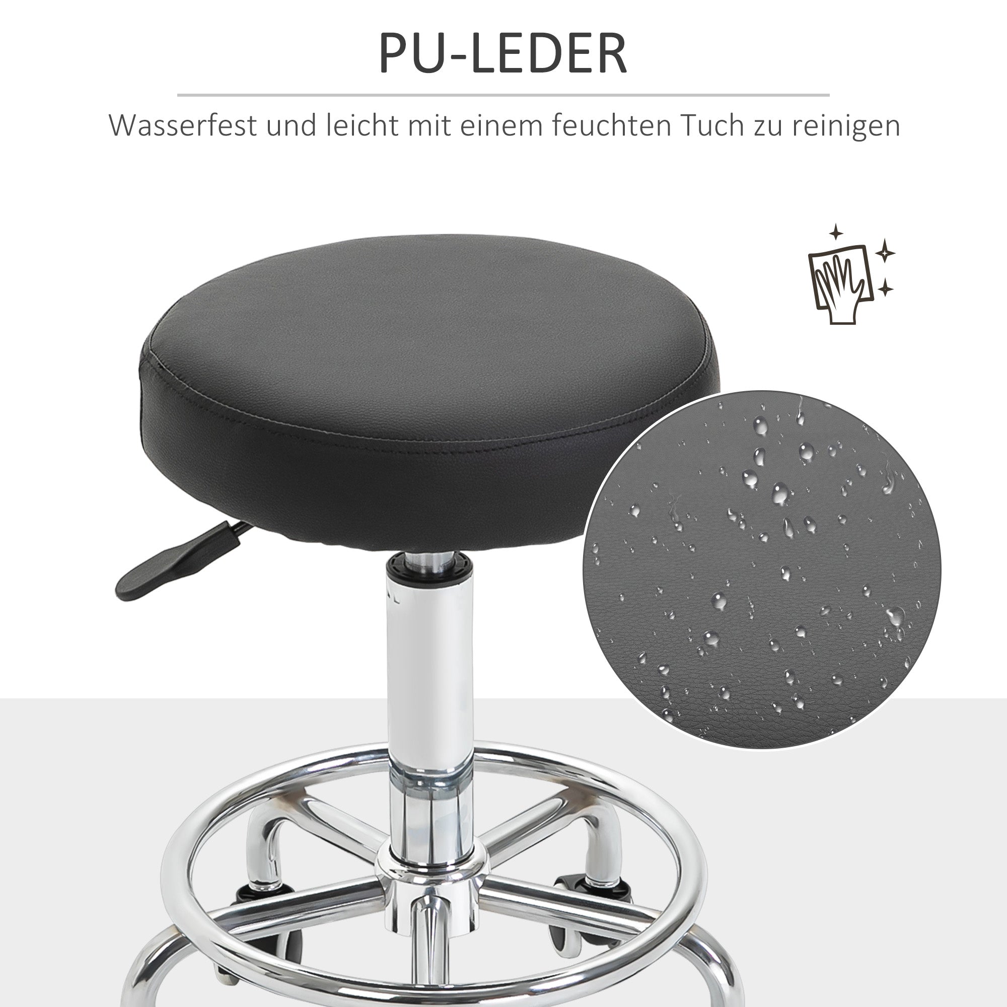 Rolling Stool Adjustable Work Stool with Foot Ring, Swivel Salon Stool Rolling Stool with Wheels Faux Leather Black Ø42 x 50-64 cm