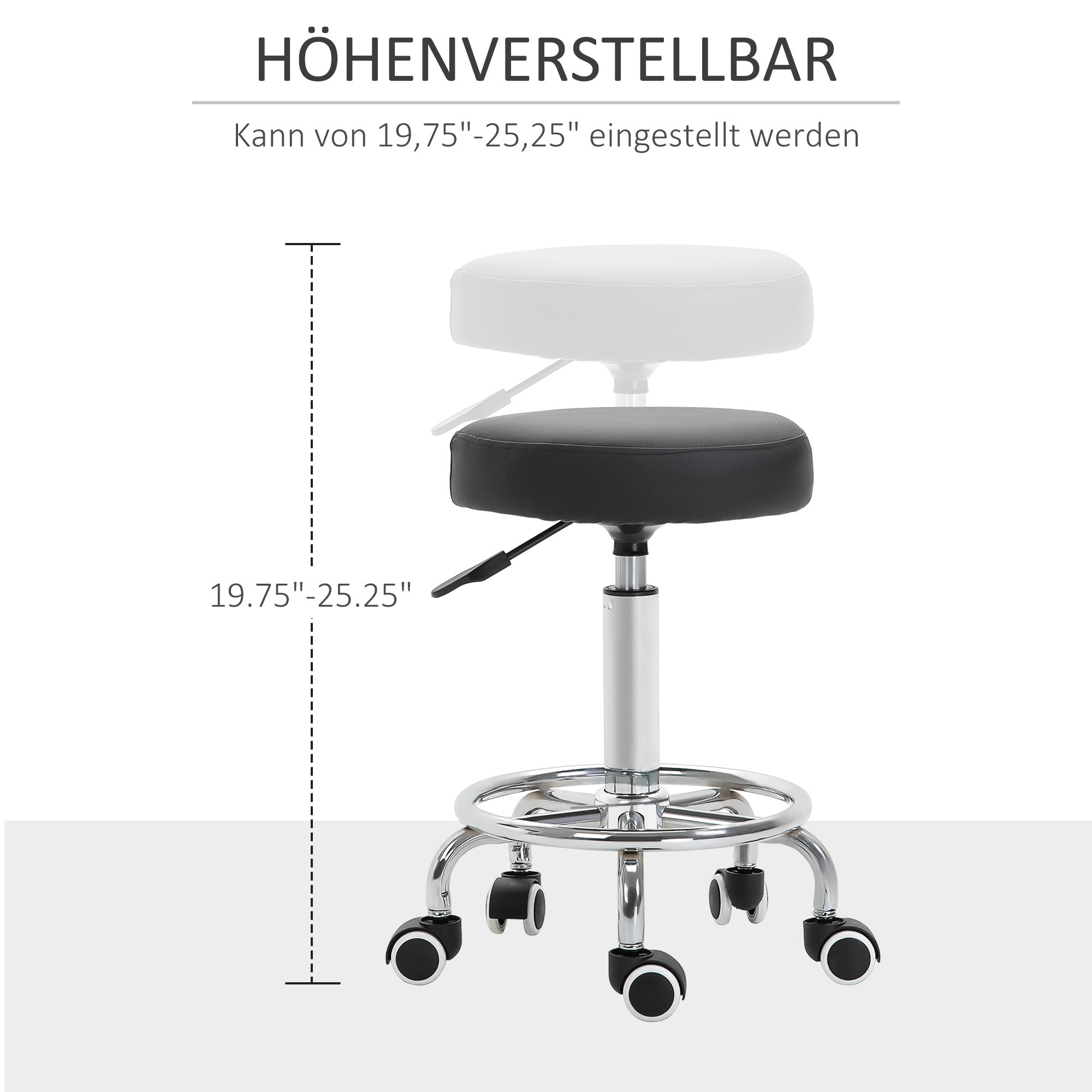 Rolling Stool Adjustable Work Stool with Foot Ring, Swivel Salon Stool Rolling Stool with Wheels Faux Leather Black Ø42 x 50-64 cm
