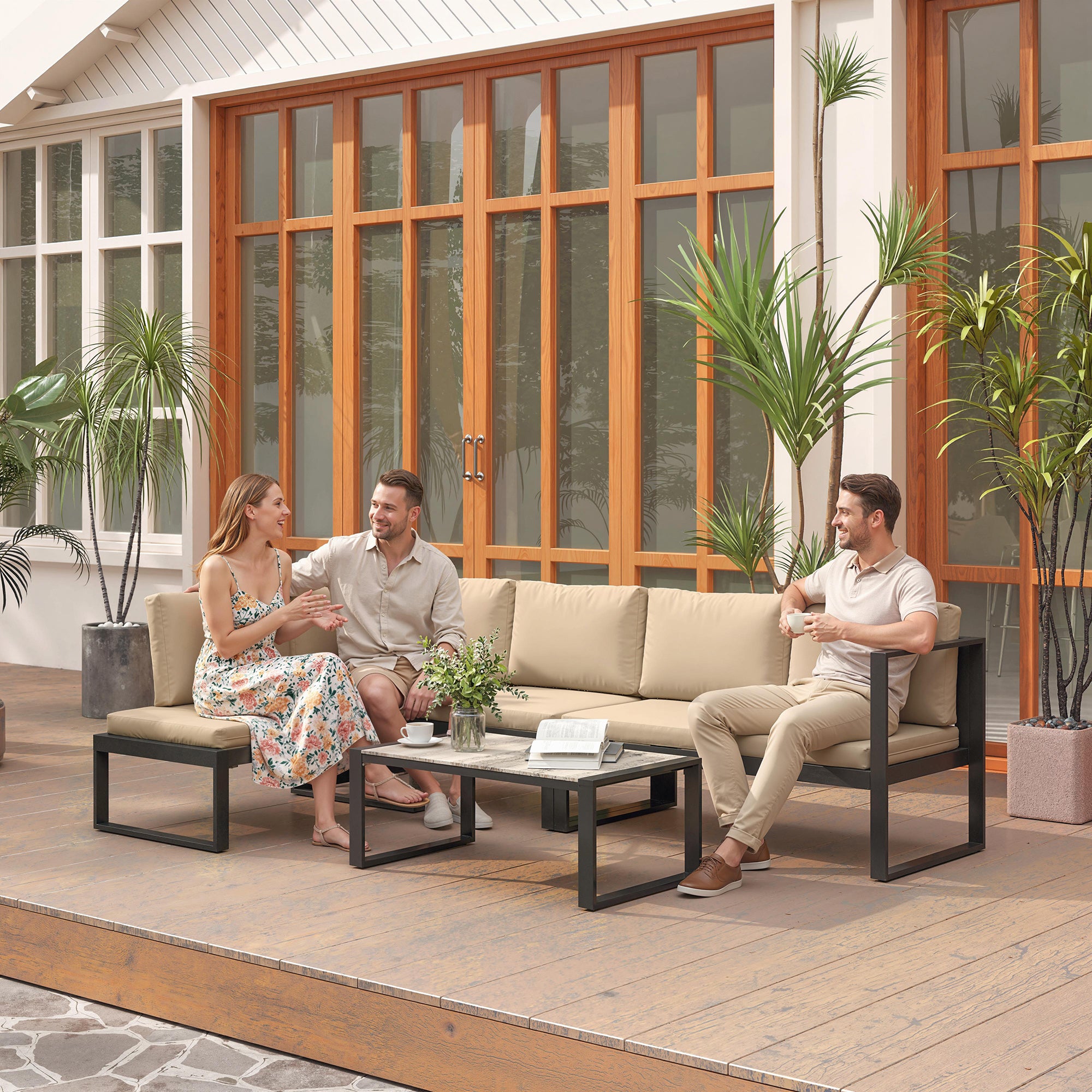 4-Piece Outdoor Garden Sofa Set — 2 Two-Seat Sofas, Armless Chair & Coffee Table, Steel Frame with Cushions, Khaki