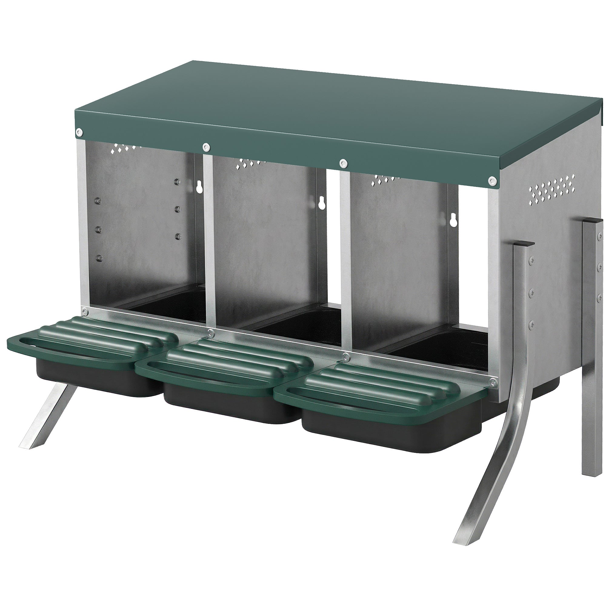 3-Compartment Rollaway Nesting Box for Chickens, Ventilated with Drainage, Fits 3 Hens, 85 x 54.6 x 61 cm (33.5 x 21.5 x 24 in), Silver/Green